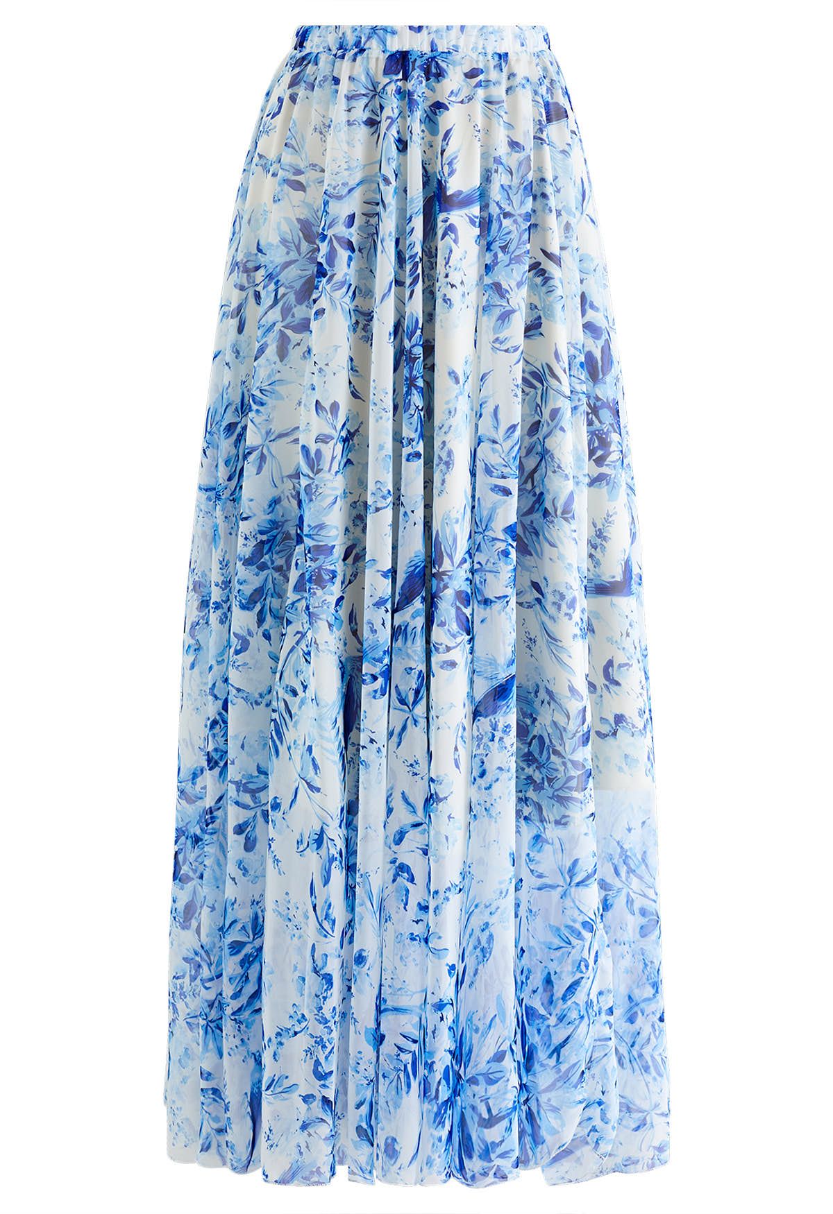 Falda larga de gasa con estampado de bosque de verano en azul