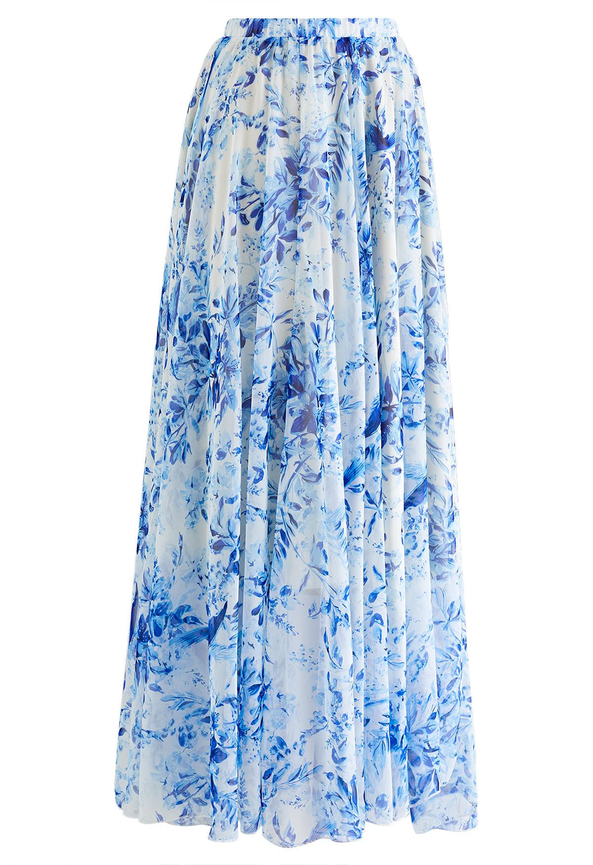 Falda larga de gasa con estampado de bosque de verano en azul