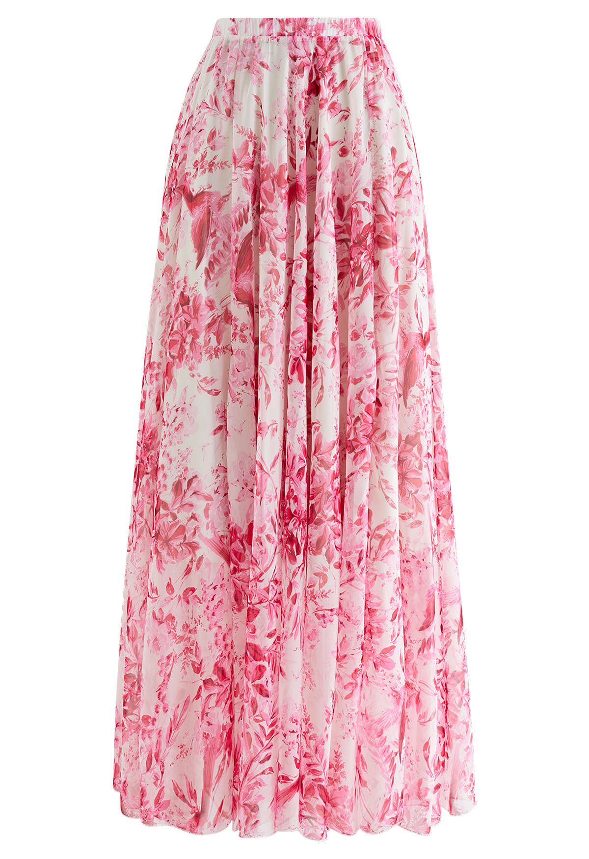 Falda larga de gasa con estampado de bosque de verano en rosa