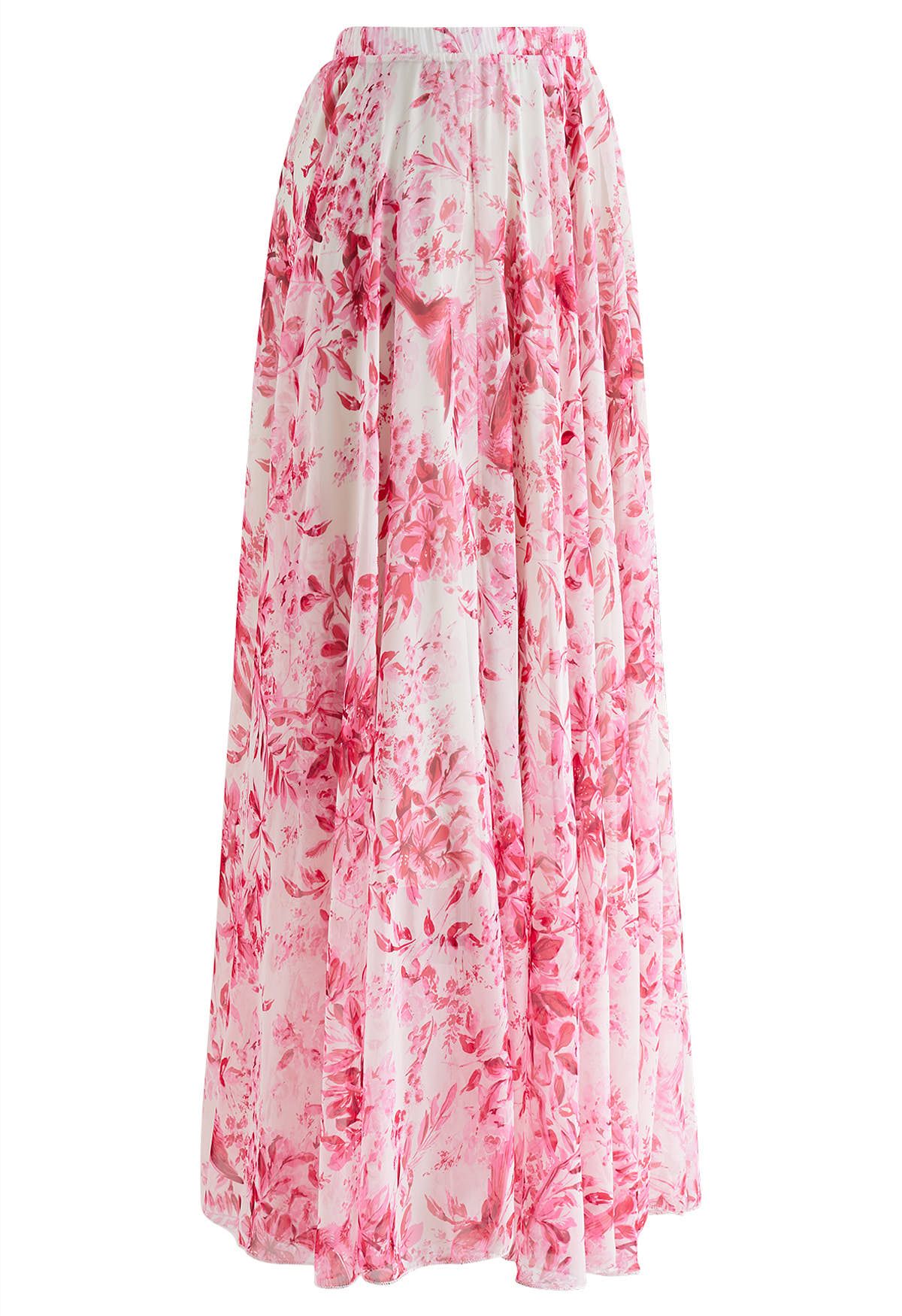 Falda larga de gasa con estampado de bosque de verano en rosa