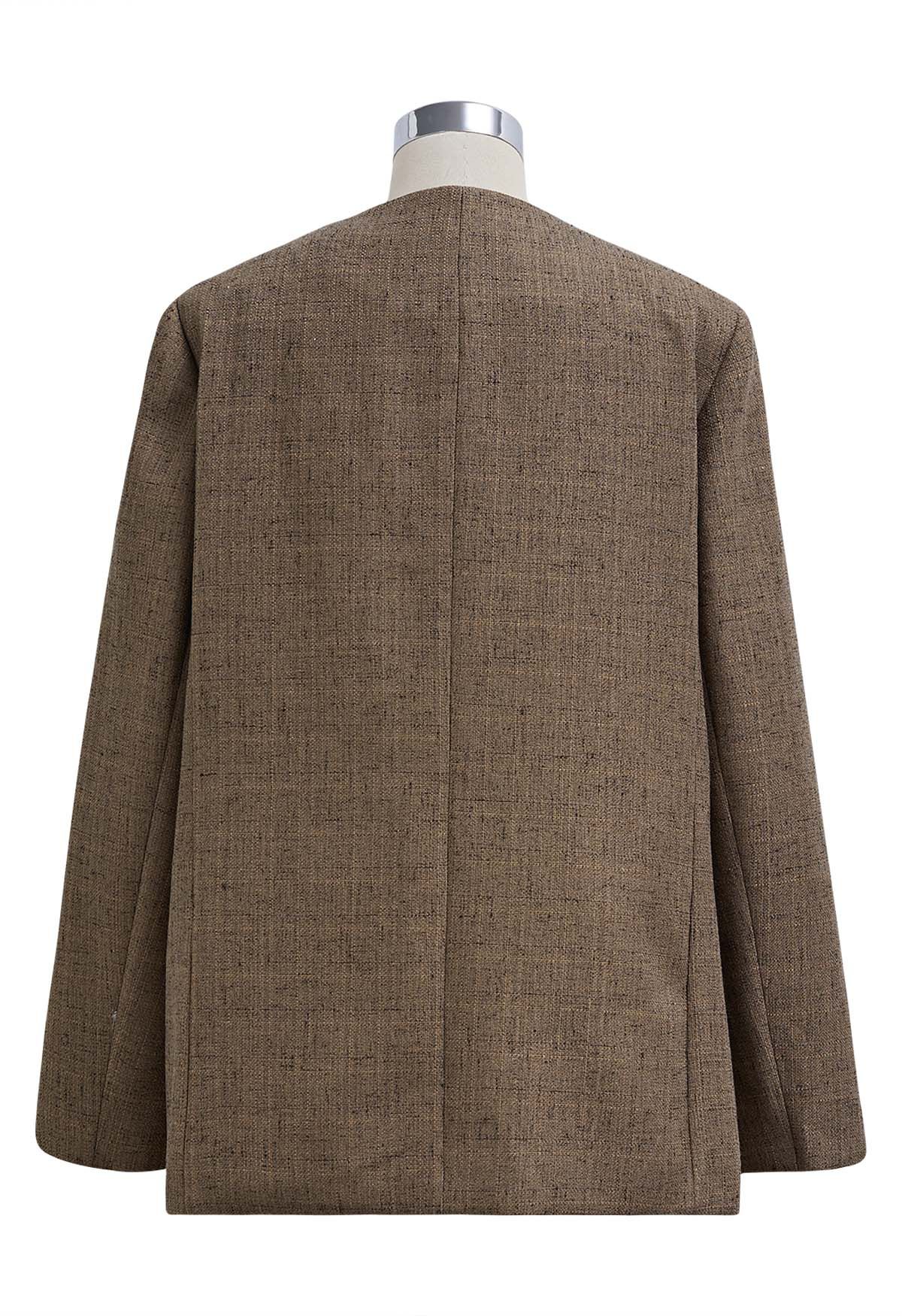 Blazer de tweed con botones y cuello redondo en marrón