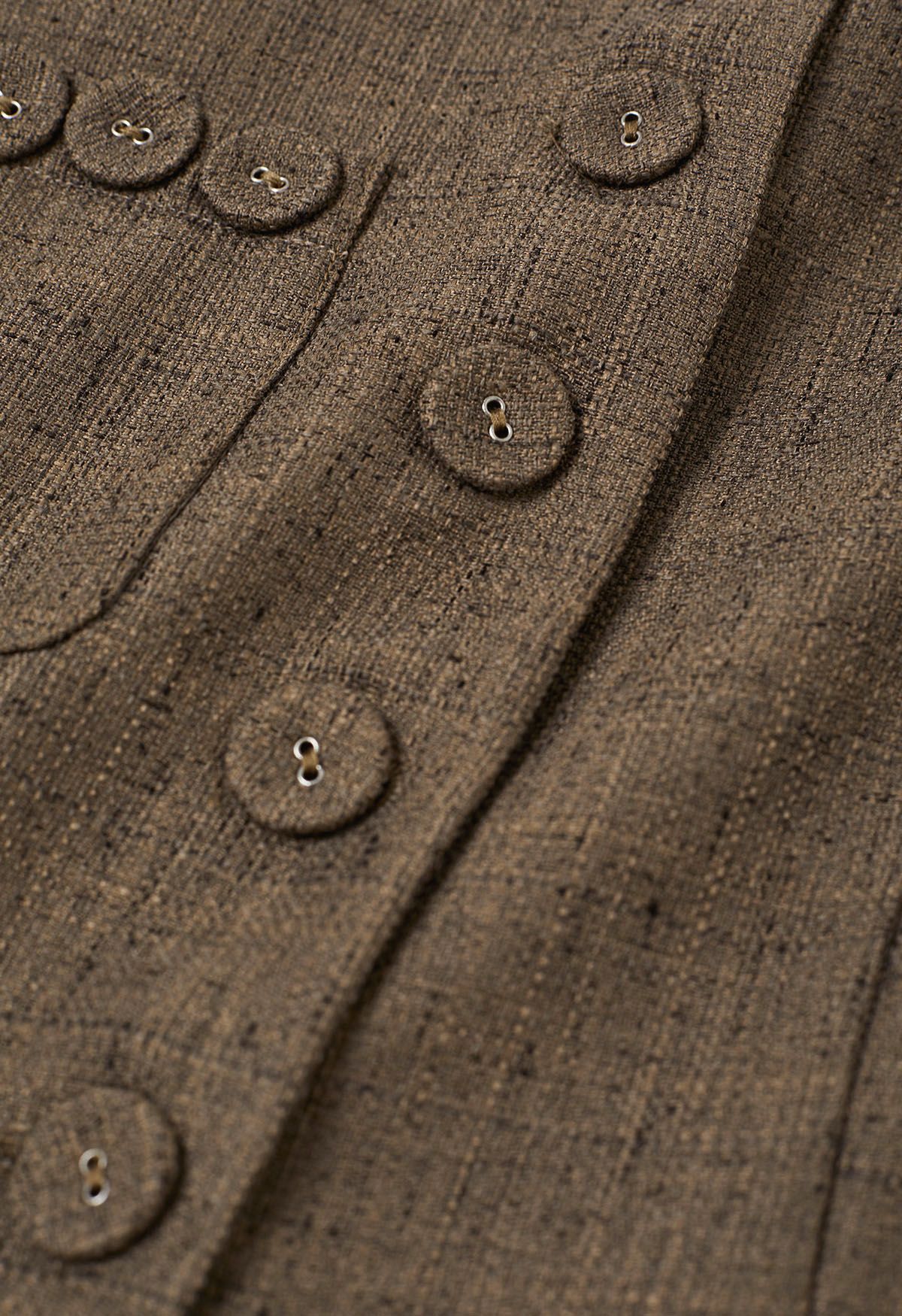 Blazer de tweed con botones y cuello redondo en marrón