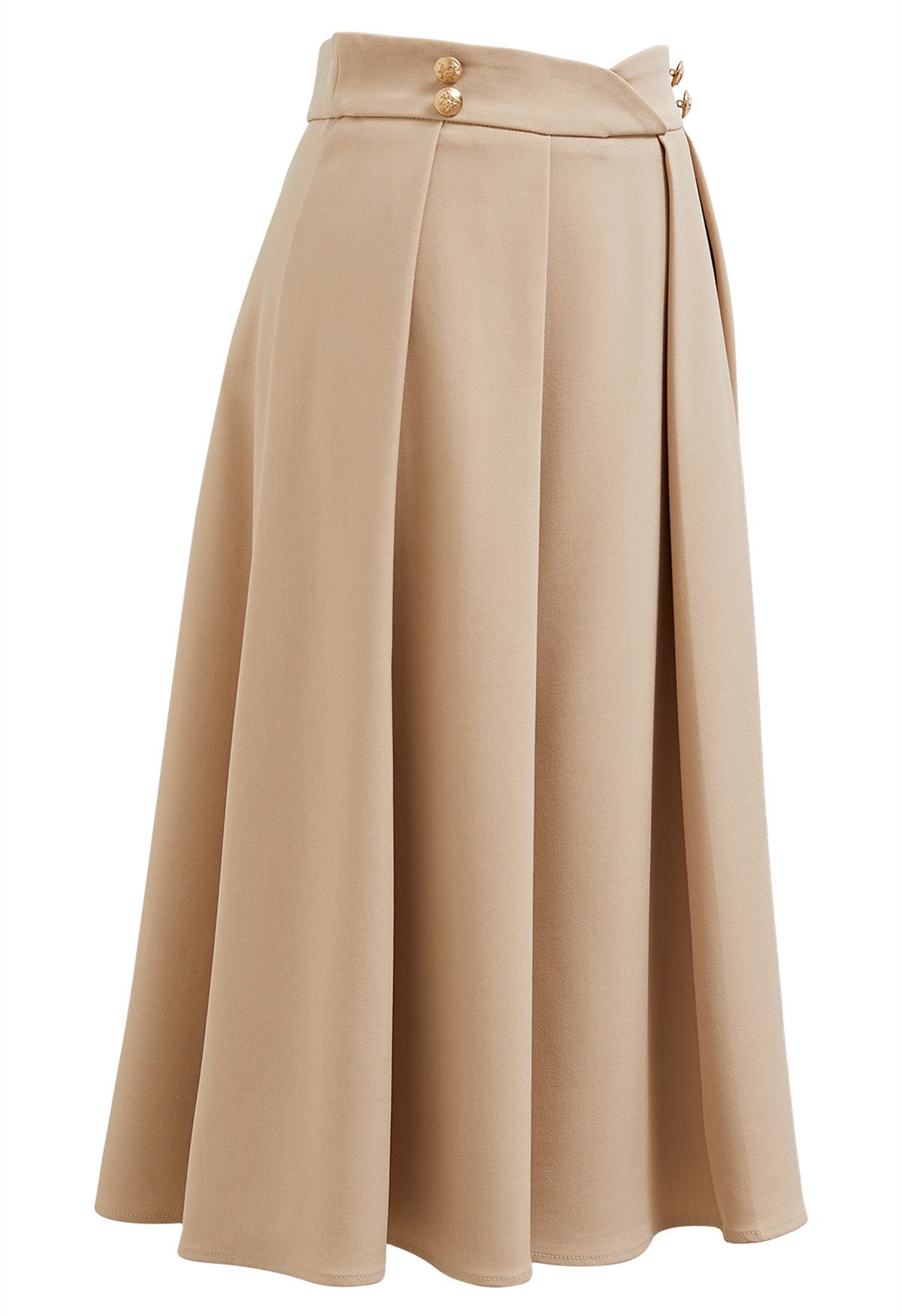 Falda midi plisada con cintura adornada con botones en color arena