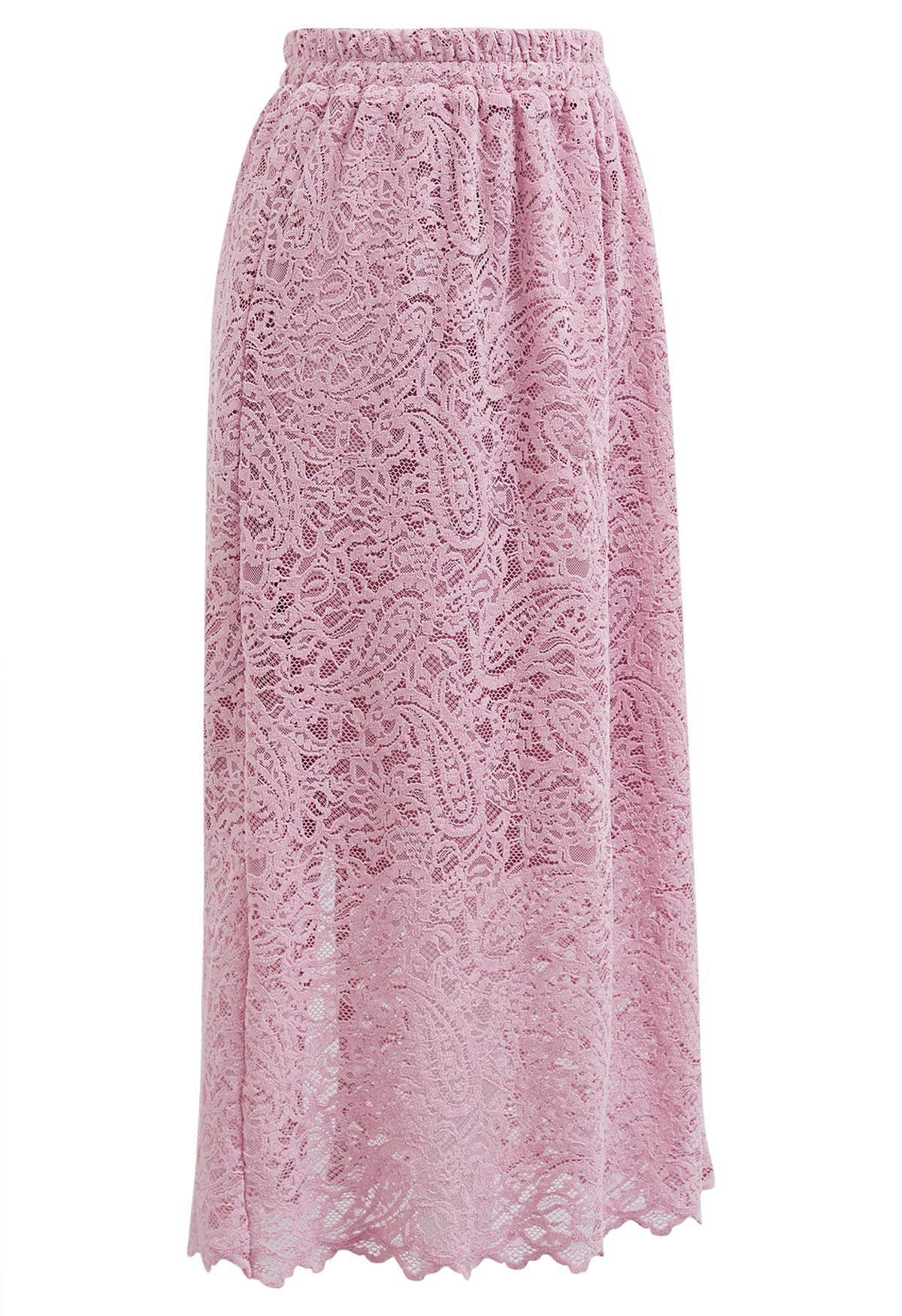Falda midi de encaje calado intrincado en rosa