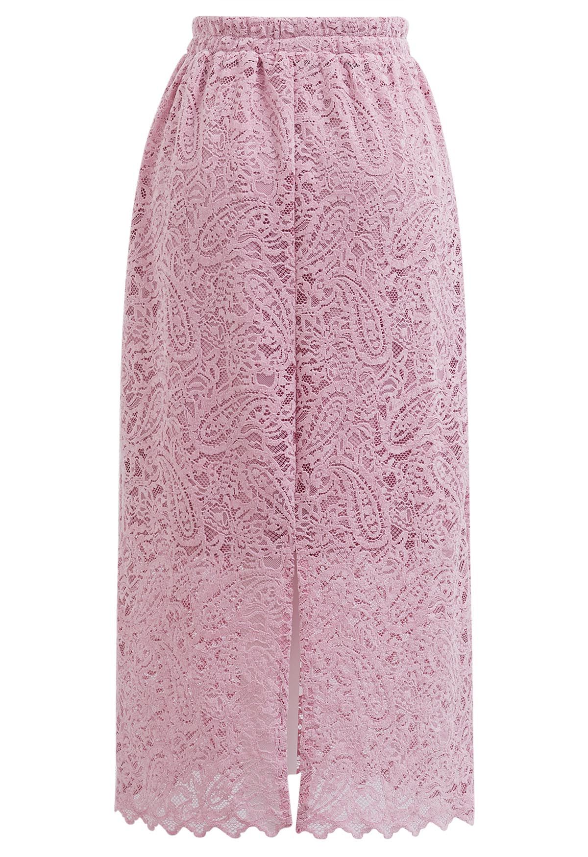 Falda midi de encaje calado intrincado en rosa