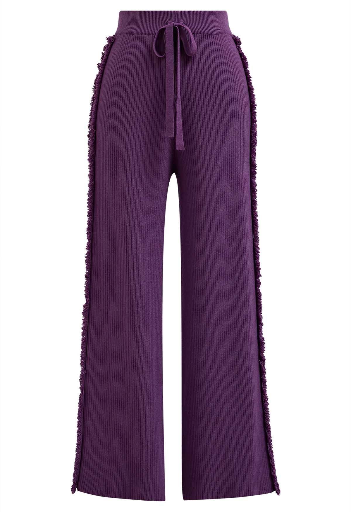 Pantalones de punto de pierna recta con ribete de borla lateral en morado