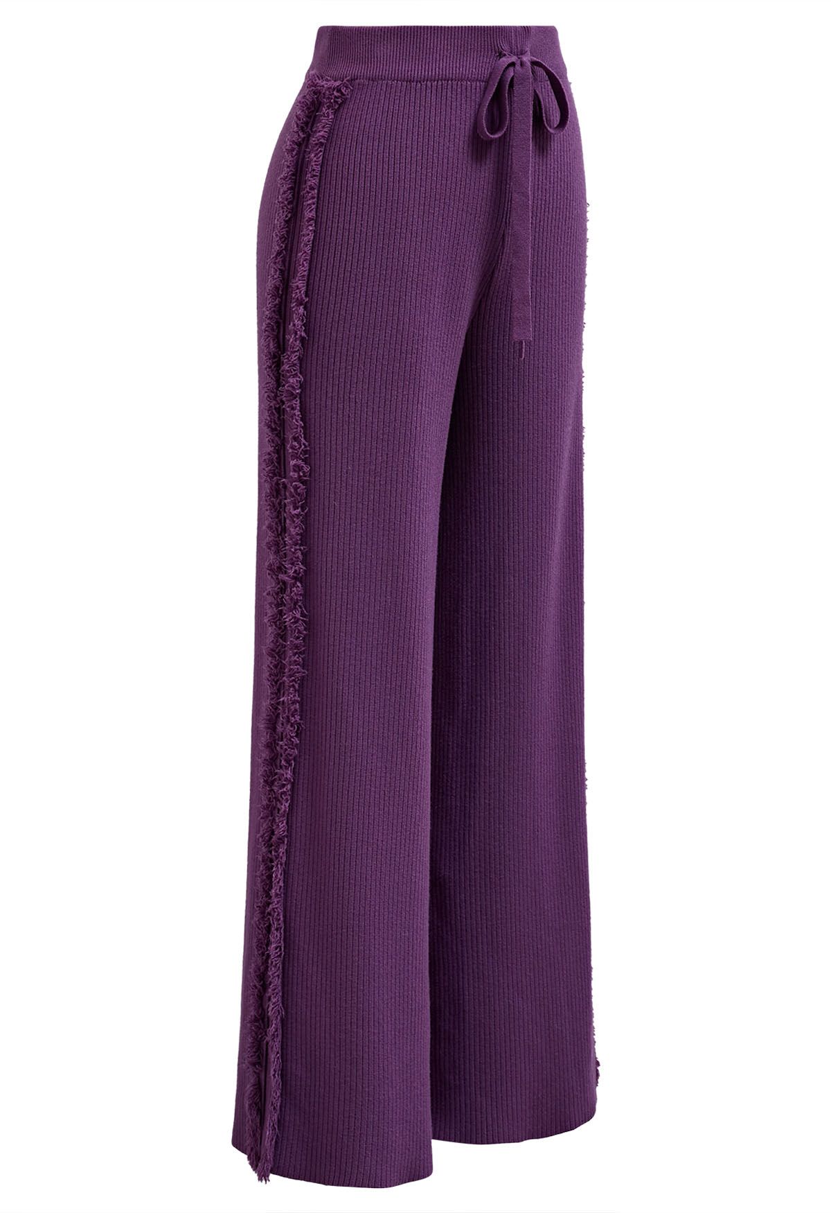 Pantalones de punto de pierna recta con ribete de borla lateral en morado