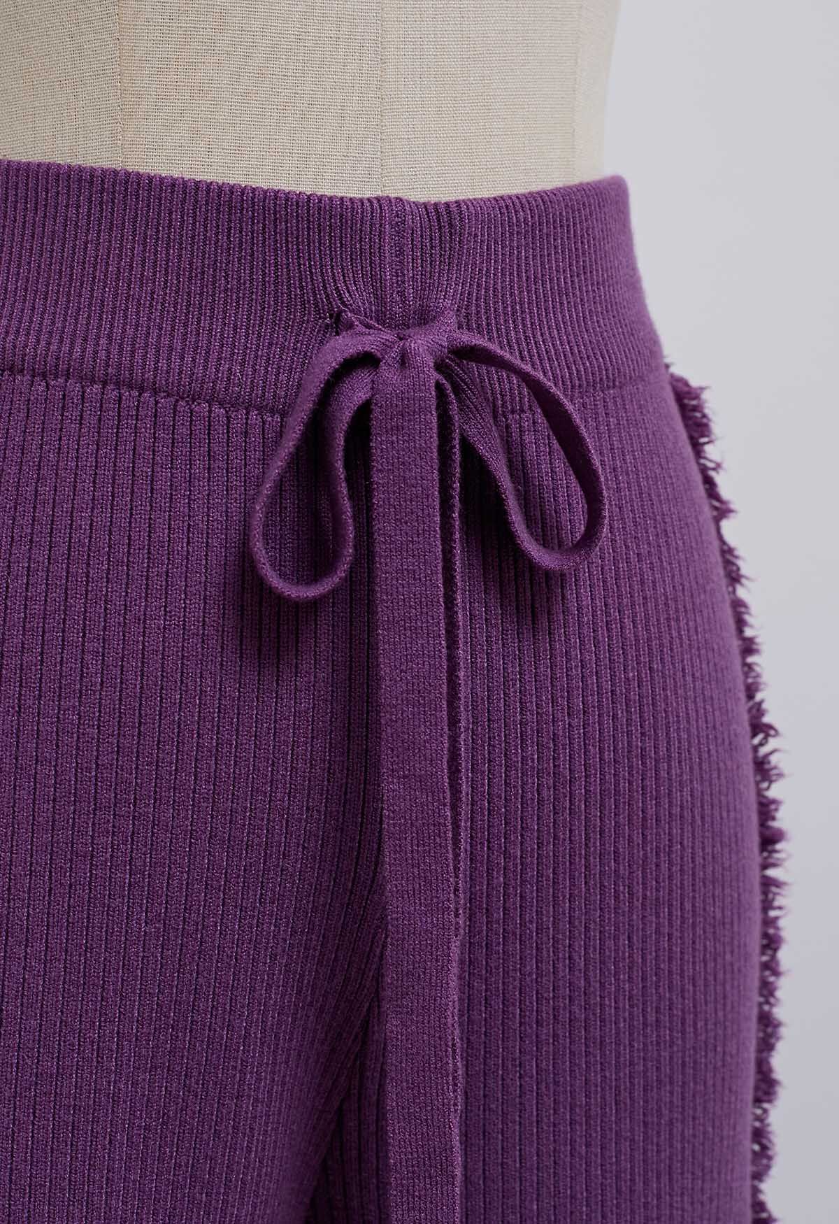 Pantalones de punto de pierna recta con ribete de borla lateral en morado