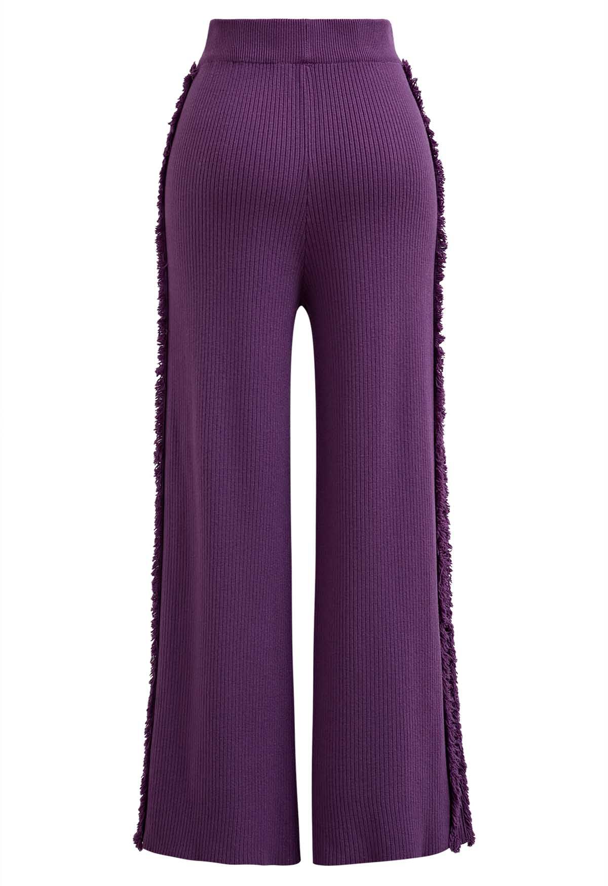 Pantalones de punto de pierna recta con ribete de borla lateral en morado