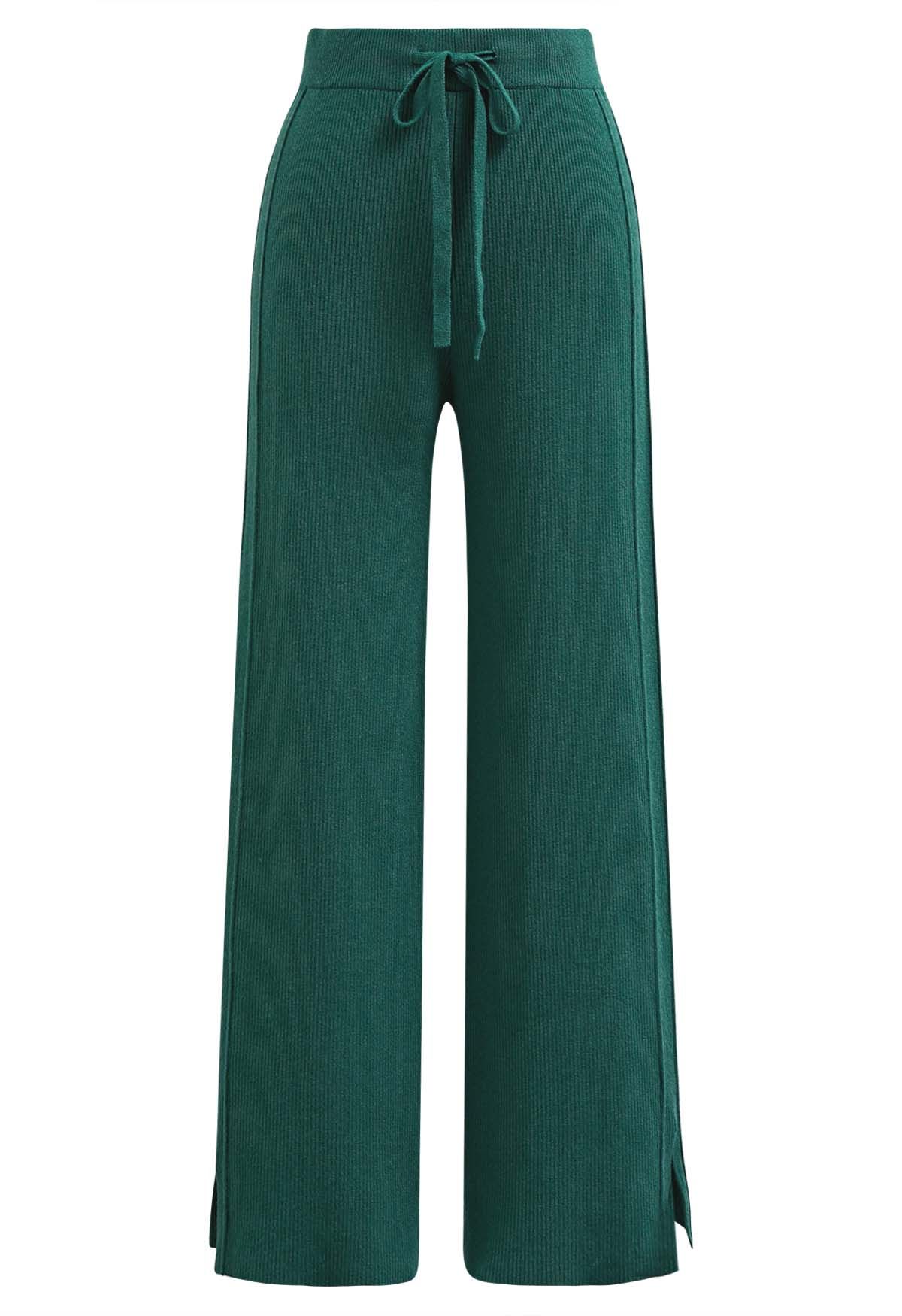 Pantalones de punto con abertura lateral y cintura con cordón en verde oscuro