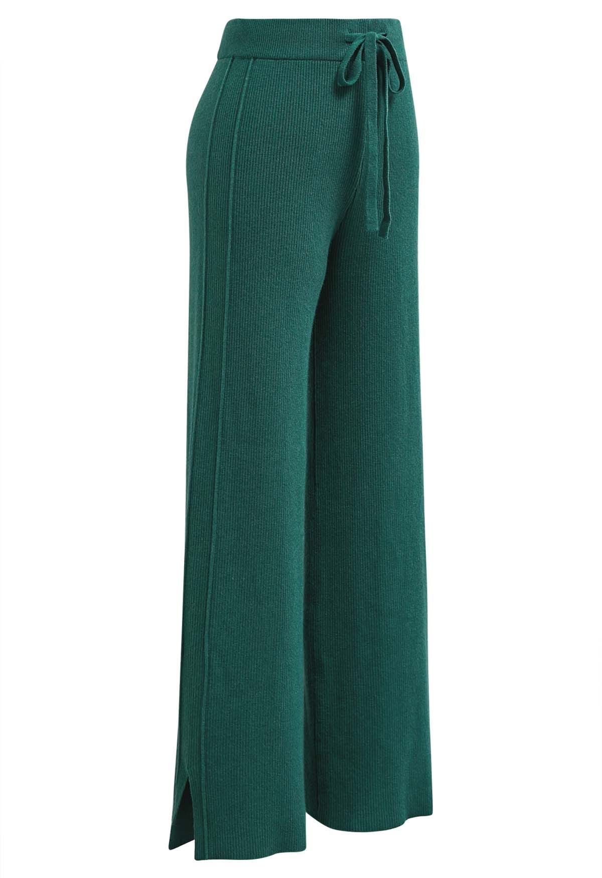 Pantalones de punto con abertura lateral y cintura con cordón en verde oscuro