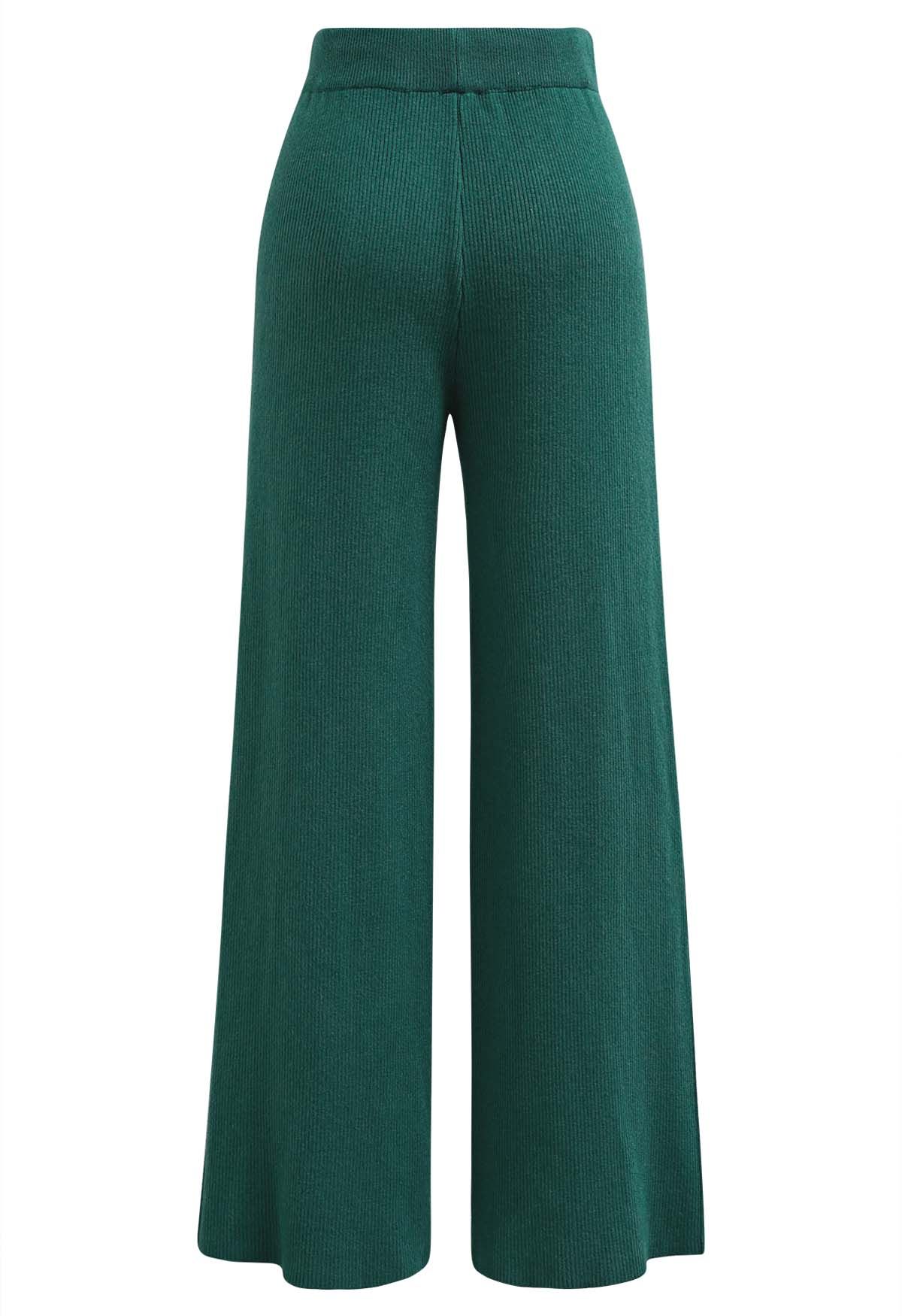 Pantalones de punto con abertura lateral y cintura con cordón en verde oscuro