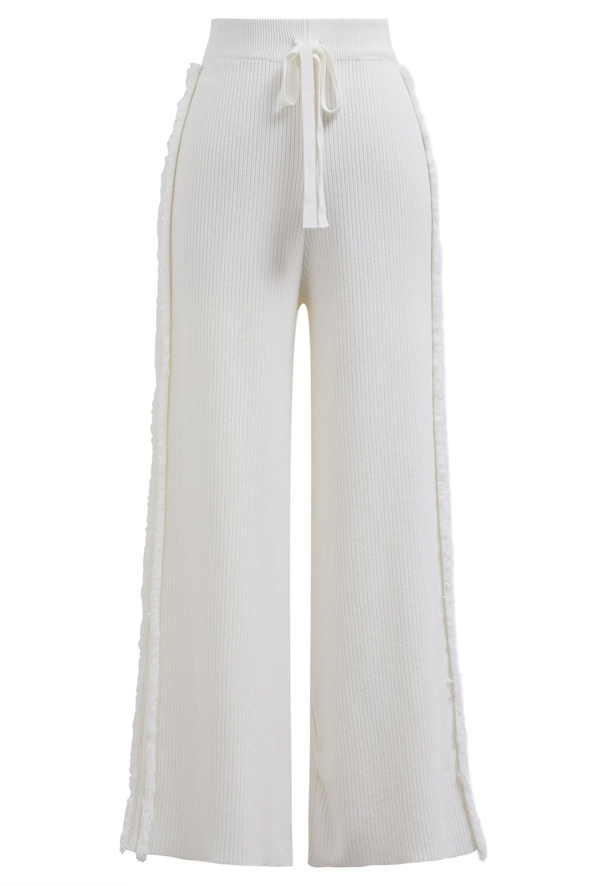 Pantalones de punto de pierna recta con ribete de borla lateral en blanco