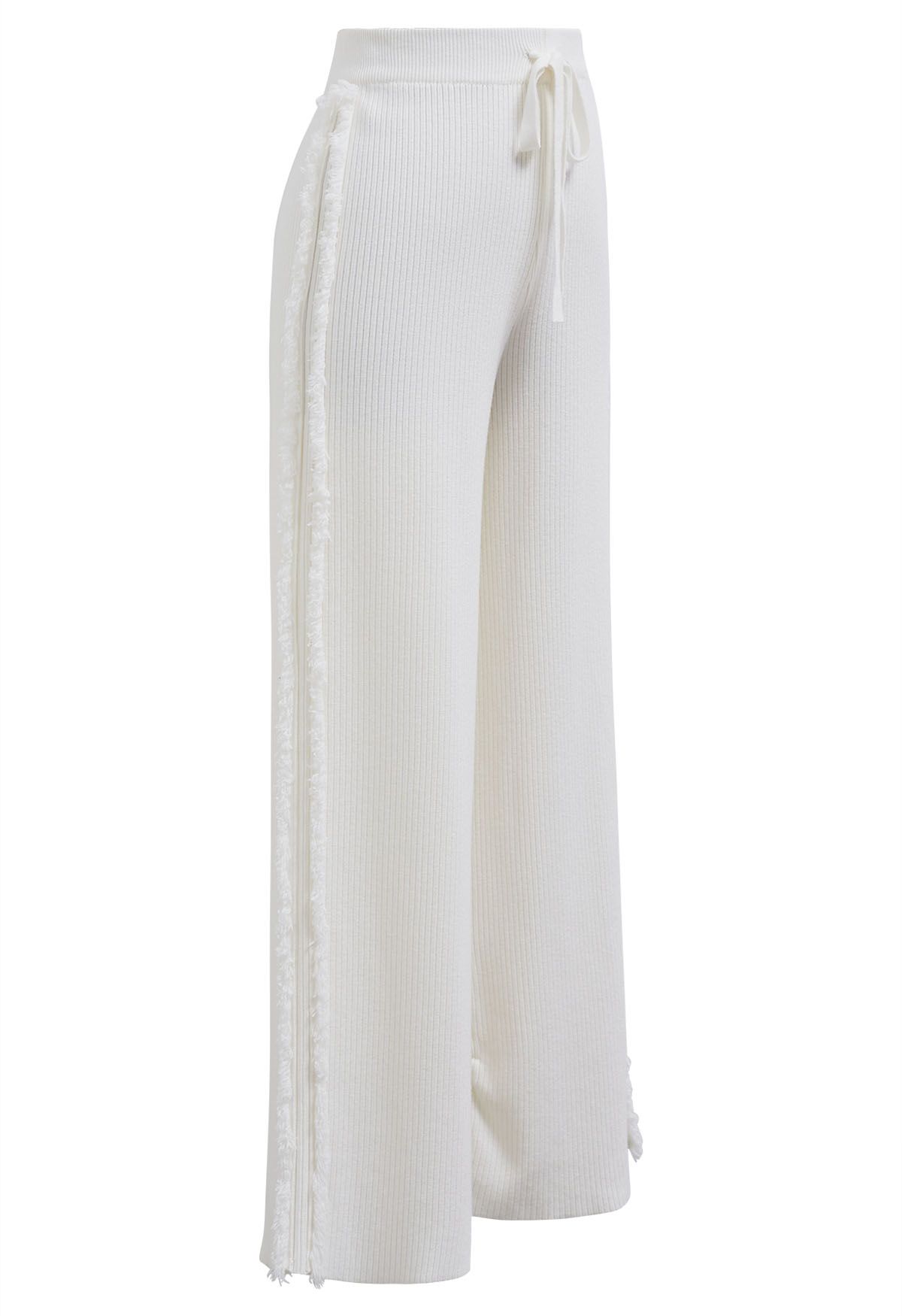 Pantalones de punto de pierna recta con ribete de borla lateral en blanco