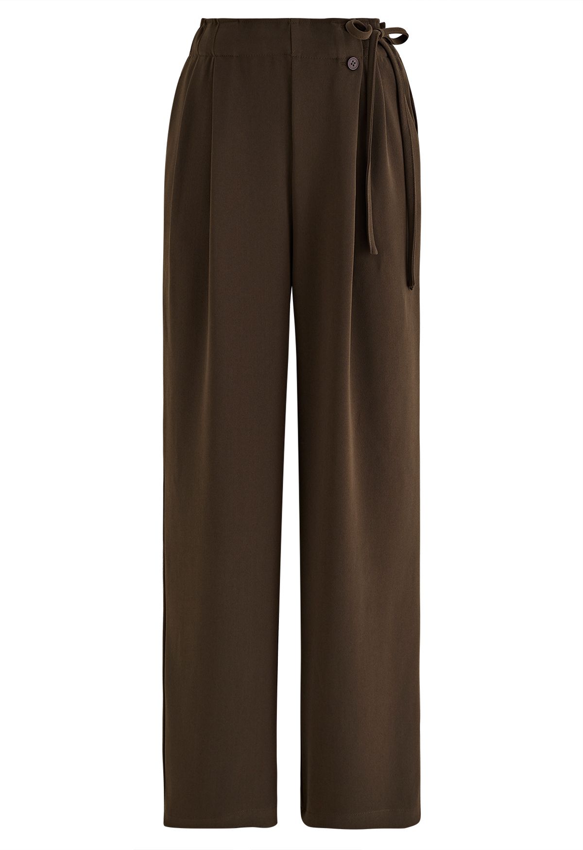 Pantalones de pierna recta plisados con cordón lateral en marrón