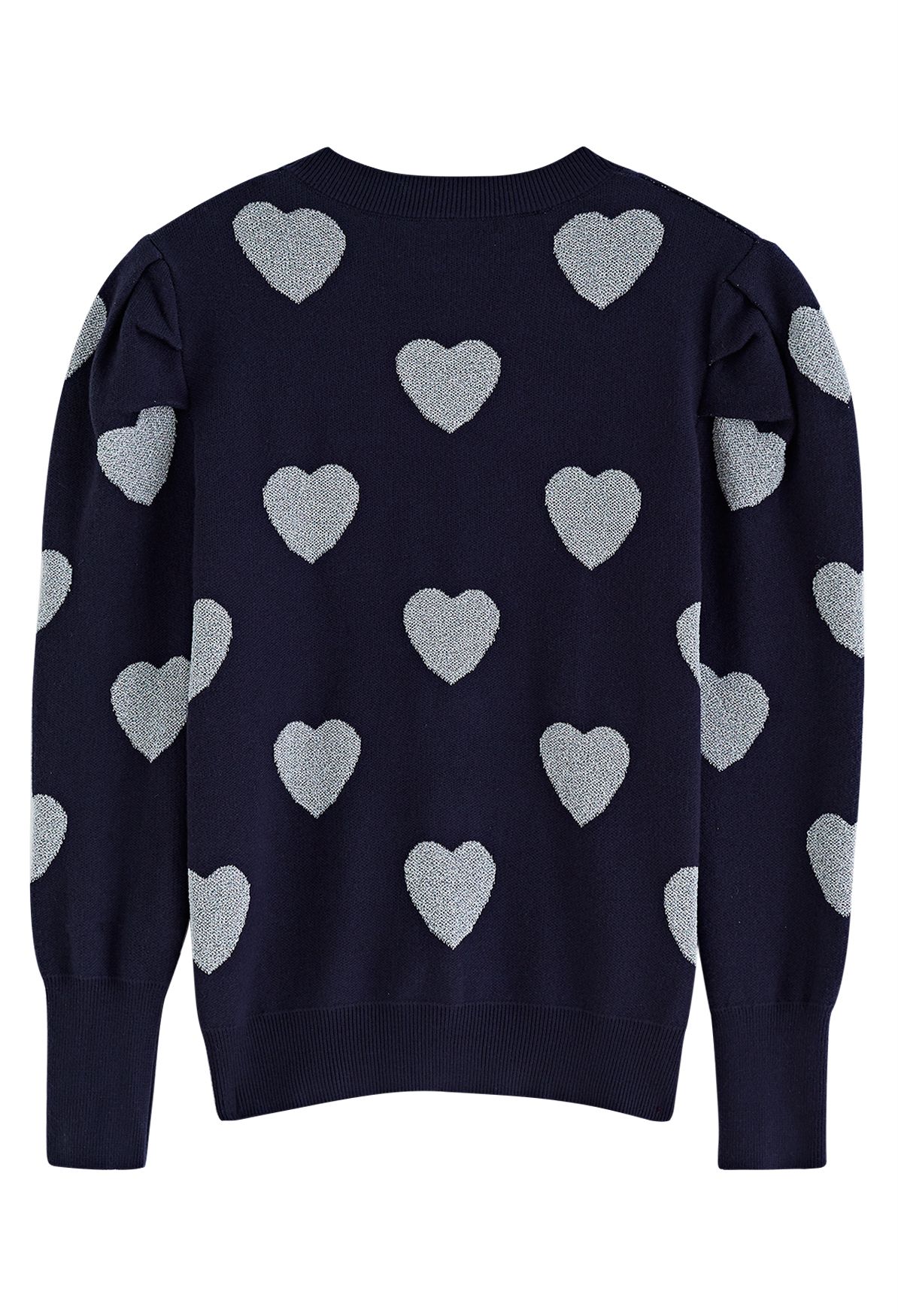 Suéter de punto con hombros abullonados y corazones metálicos en azul marino