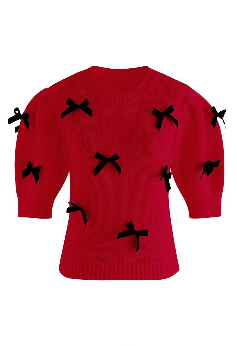 Suéter de punto de manga corta adornado con lazo en rojo