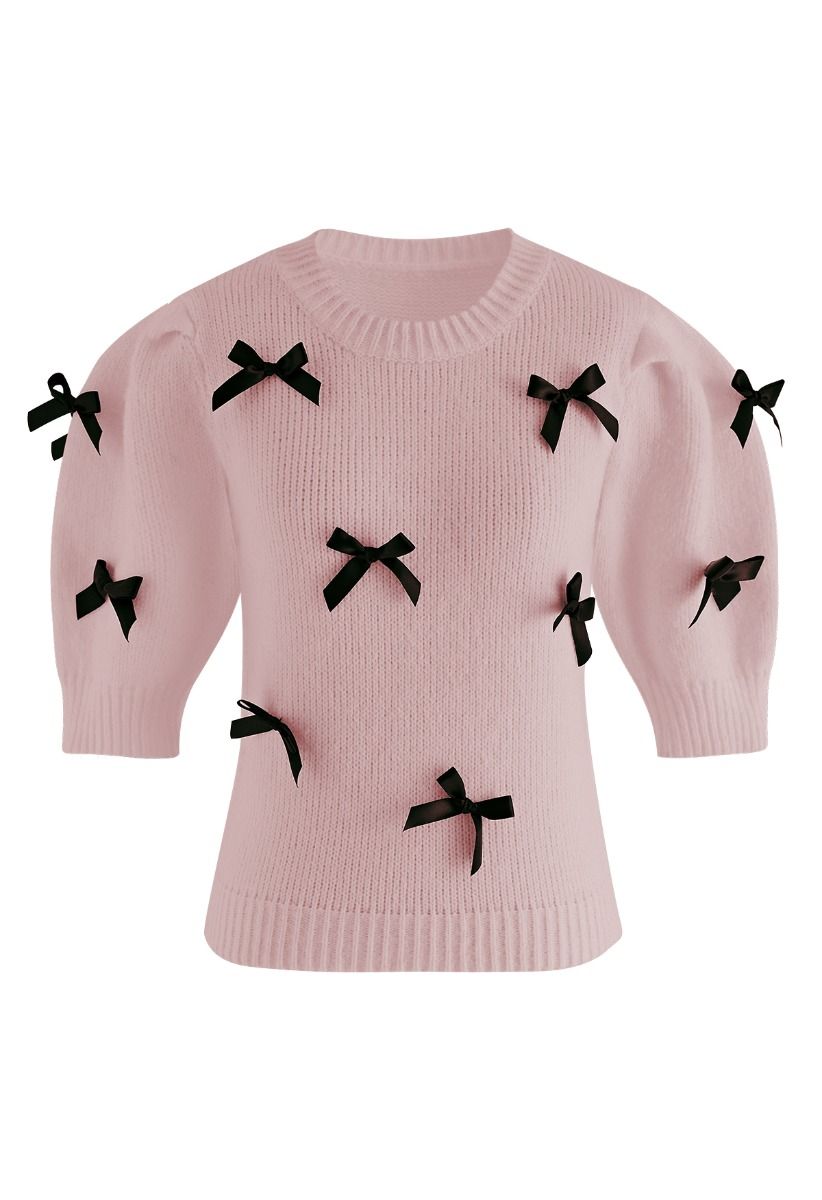 Suéter de punto de manga corta adornado con lazo en rosa