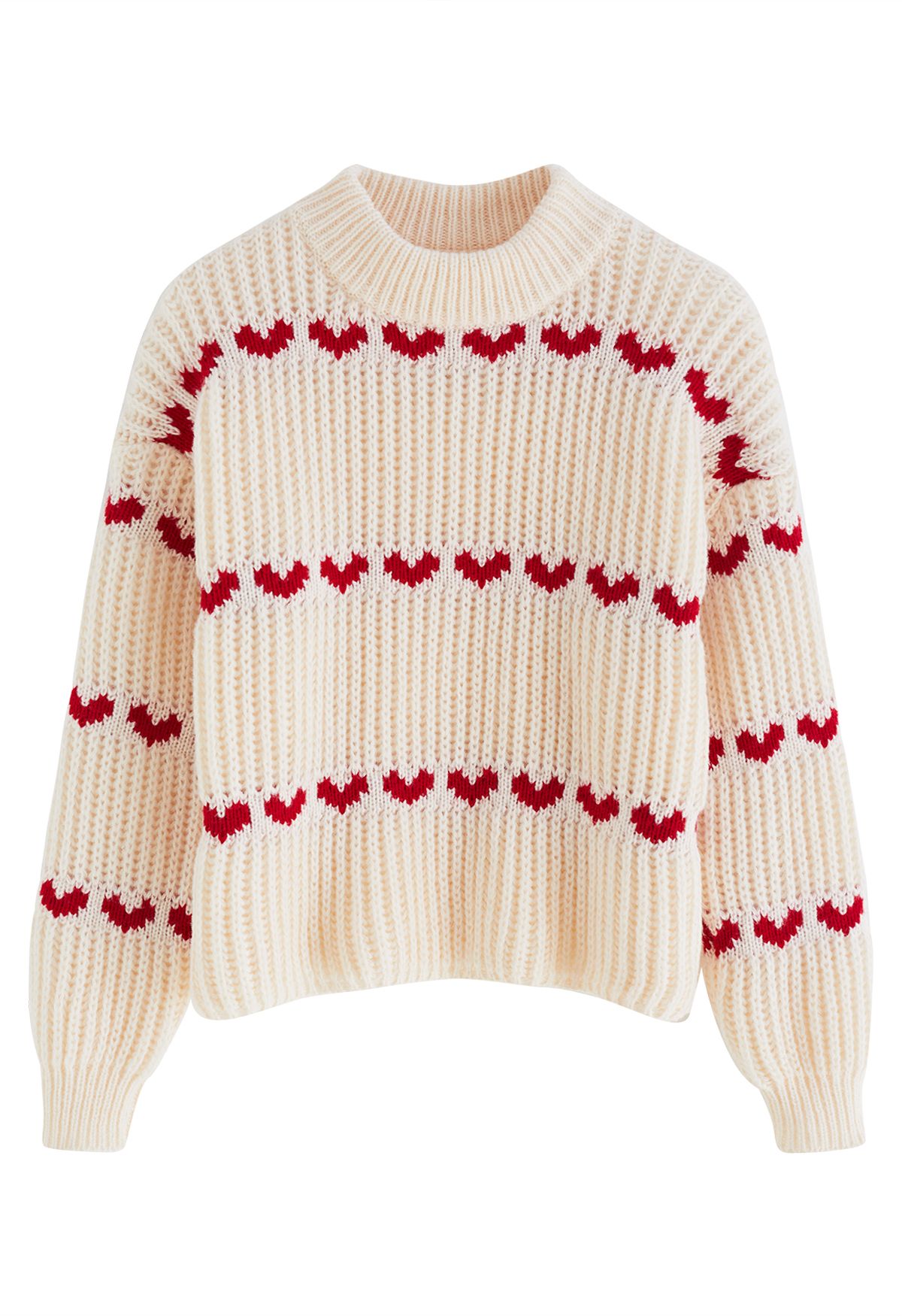 Suéter grueso tejido a mano con filas de corazones