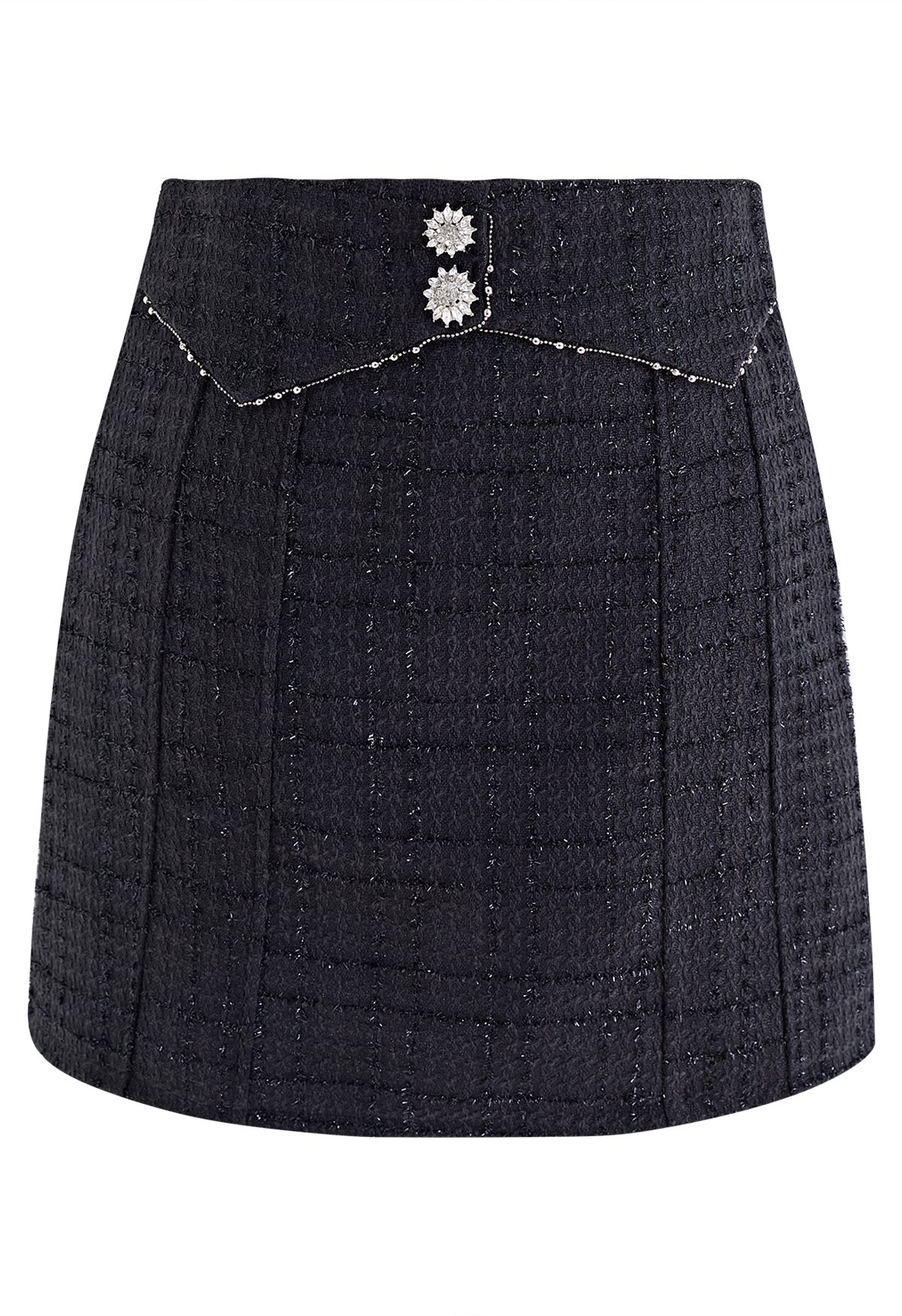 Minifalda de tweed con detalle de costuras con botones brillantes en negro