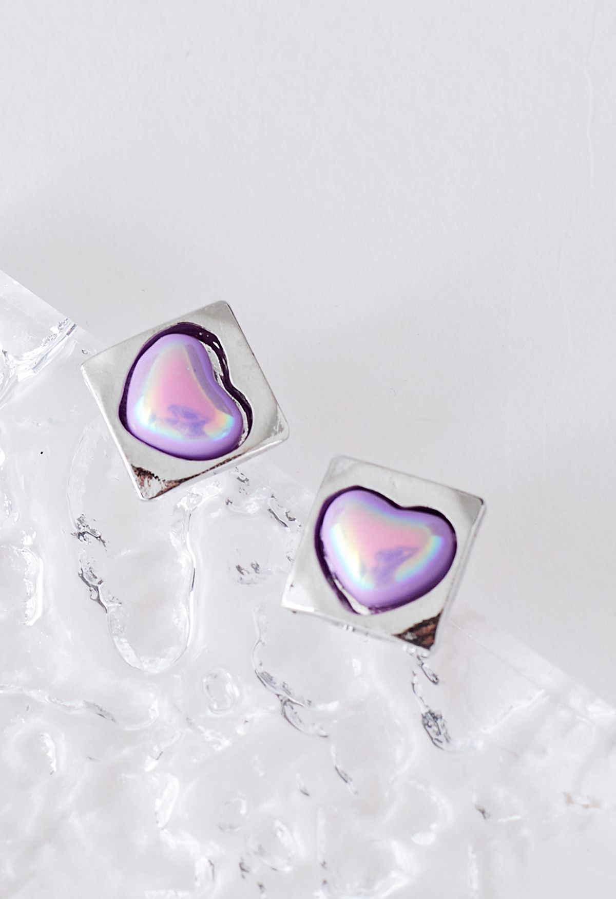Pendientes de forma cuadrada de corazón violeta láser