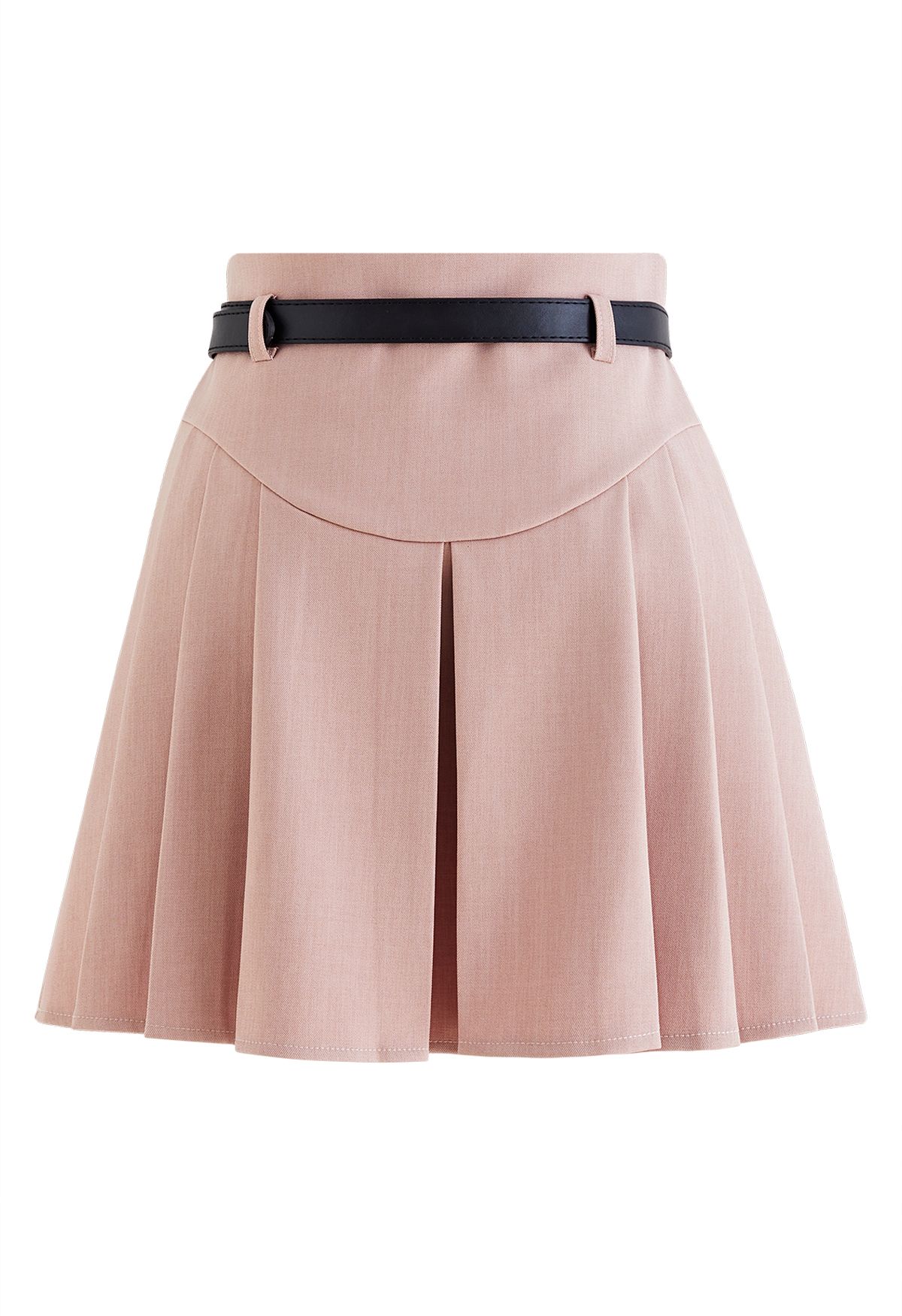 Minifalda plisada con cinturón y detalle de costuras en rosa