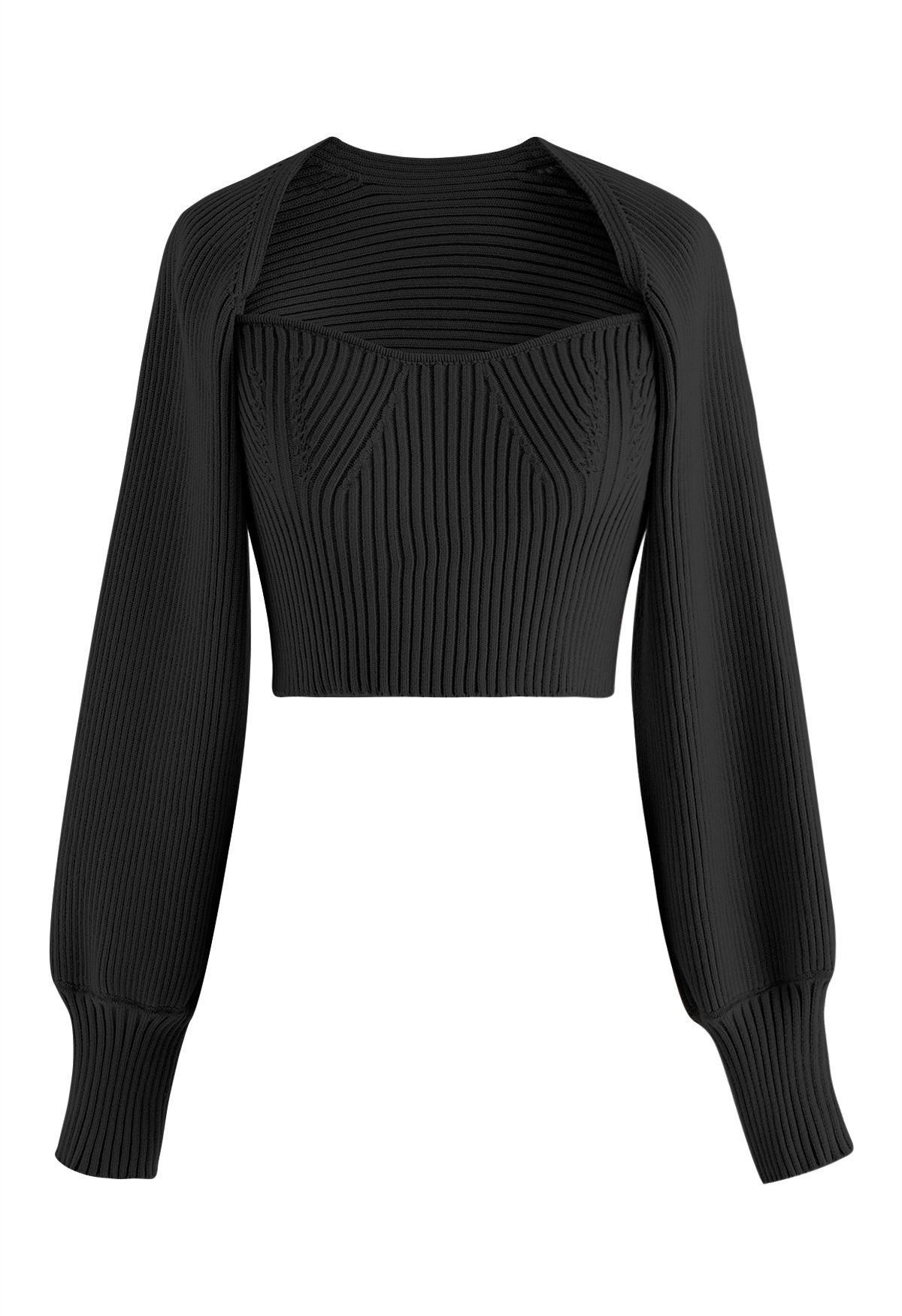 Conjunto de top de punto sin tirantes y manga de suéter en negro