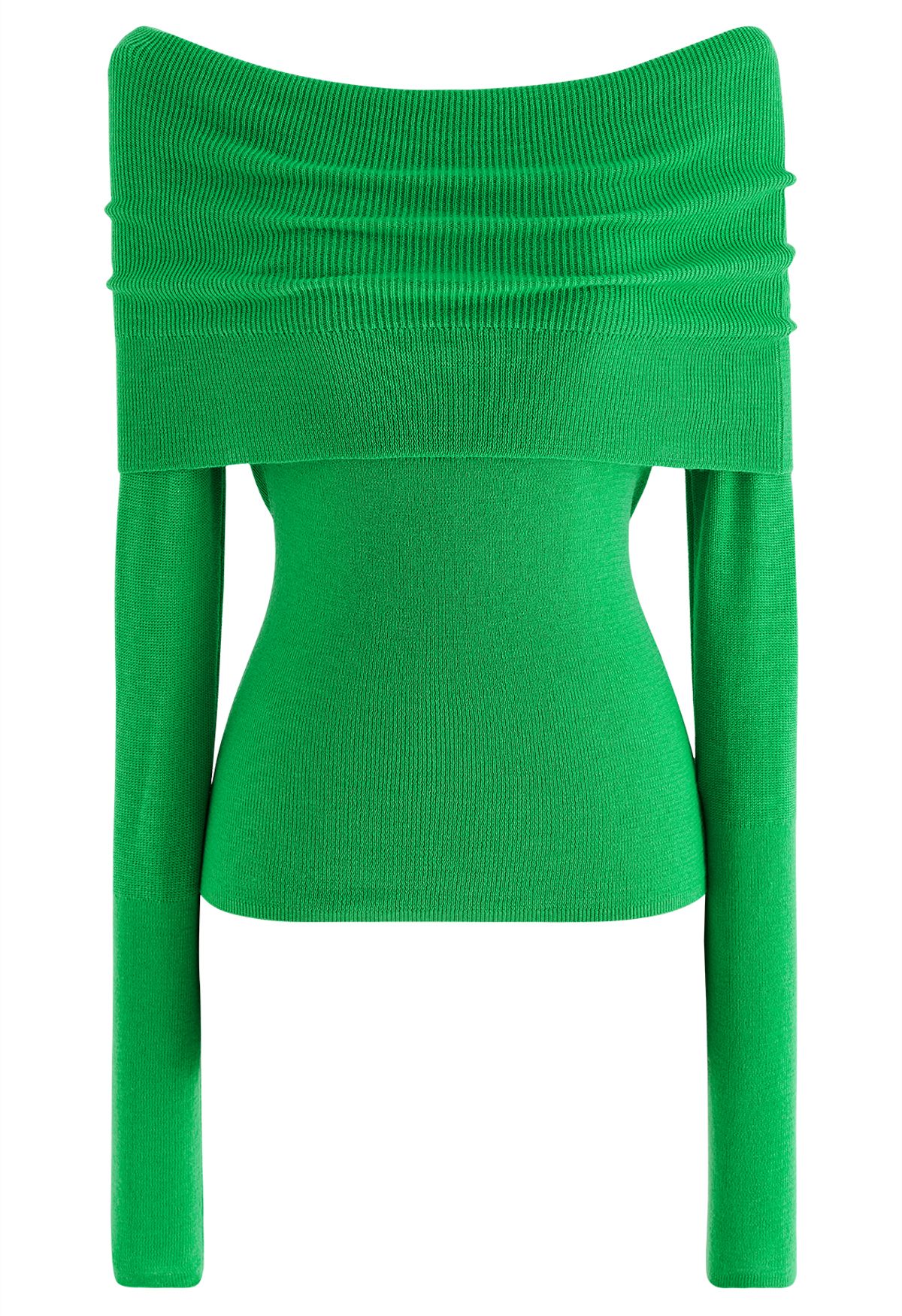 Top de punto con pliegues y hombros descubiertos en verde