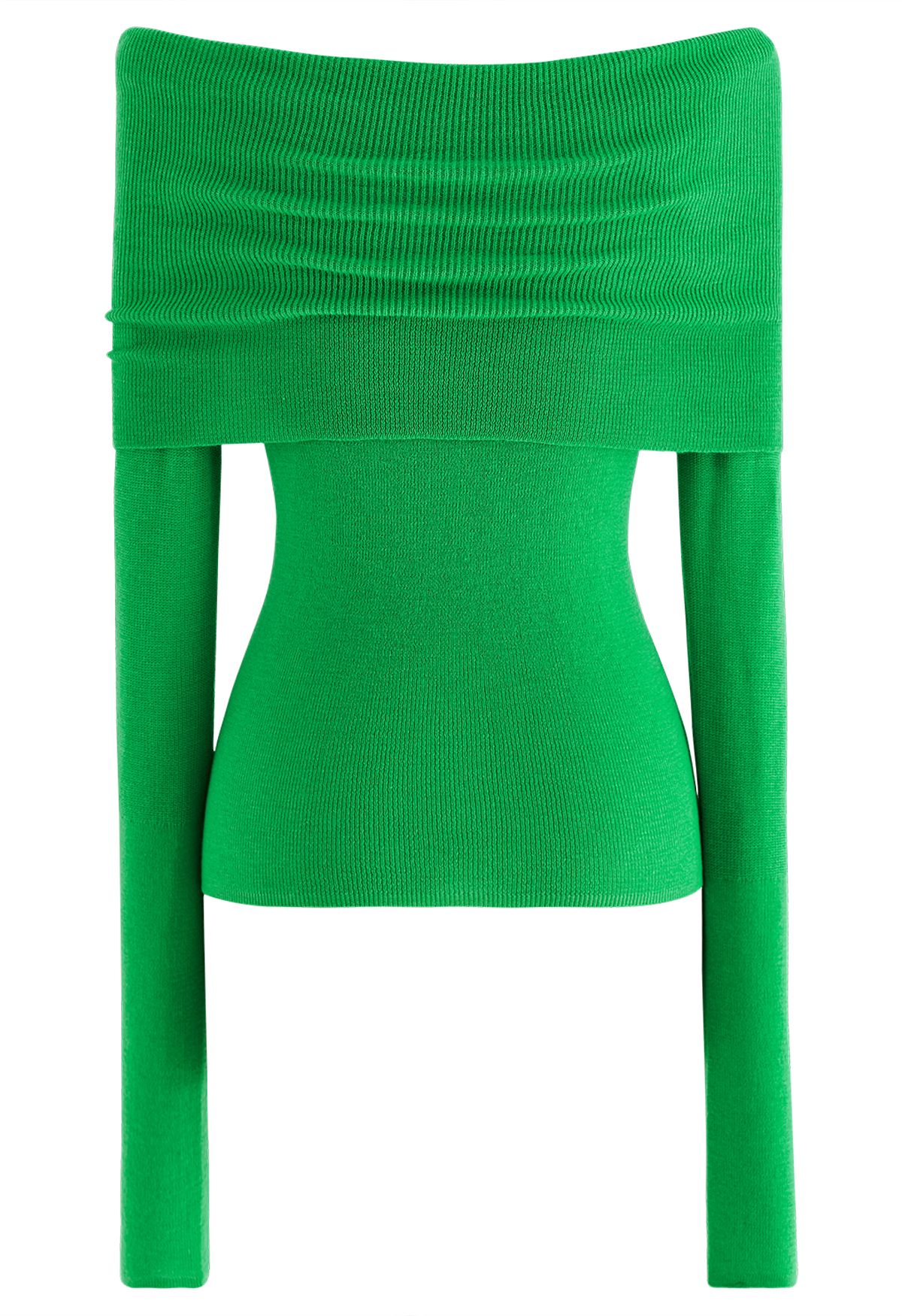 Top de punto con pliegues y hombros descubiertos en verde