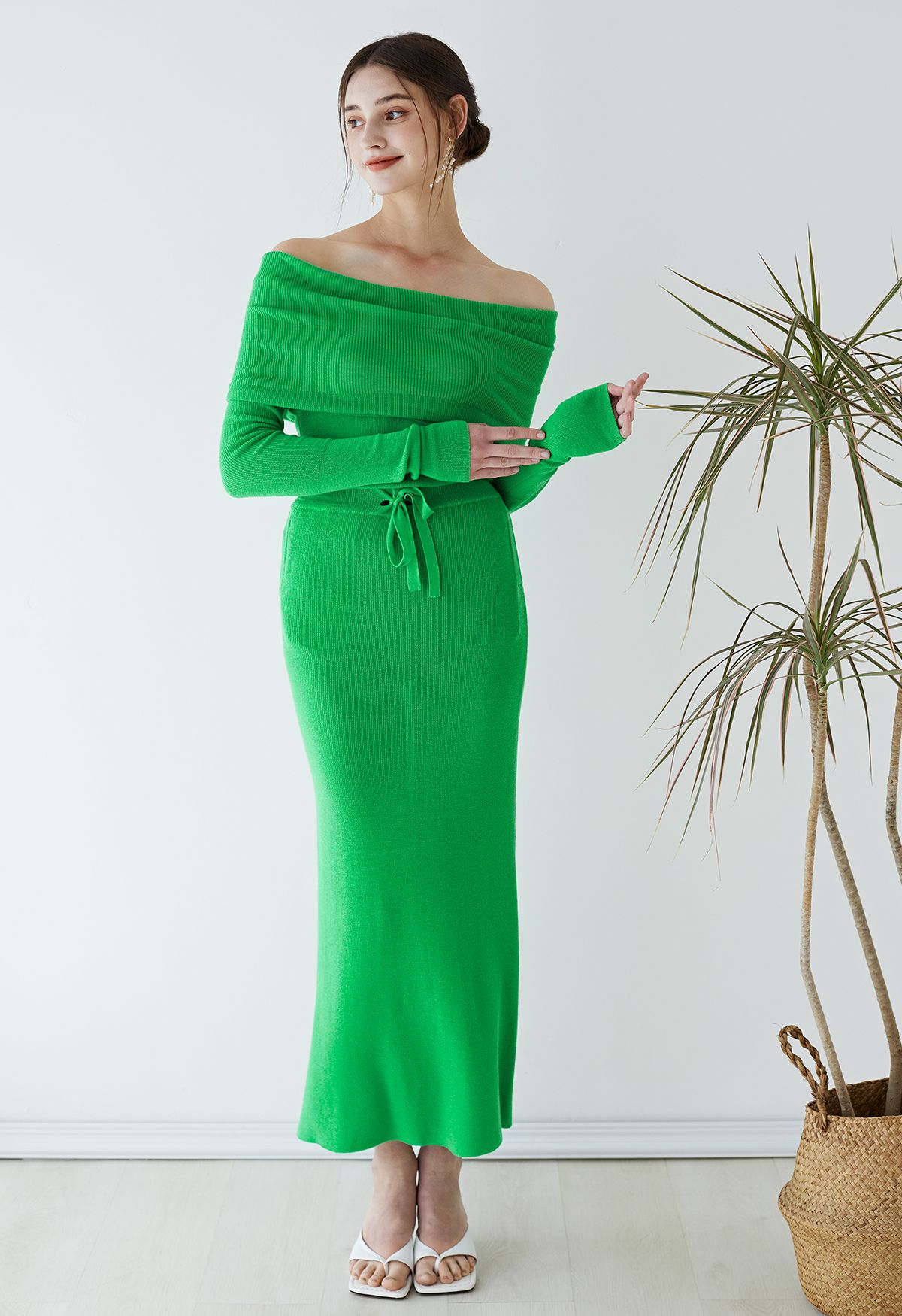 Falda larga lápiz de cintura alta de punto en verde