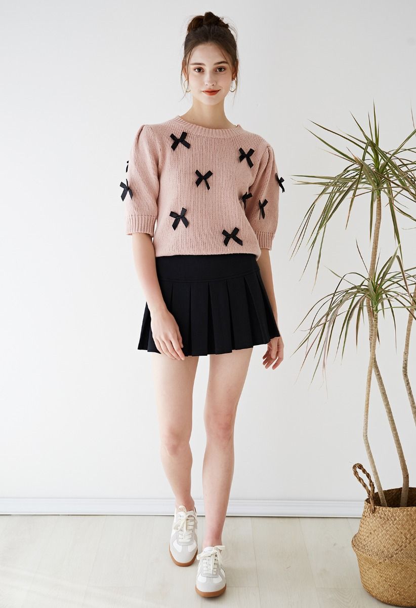 Suéter de punto de manga corta adornado con lazo en rosa