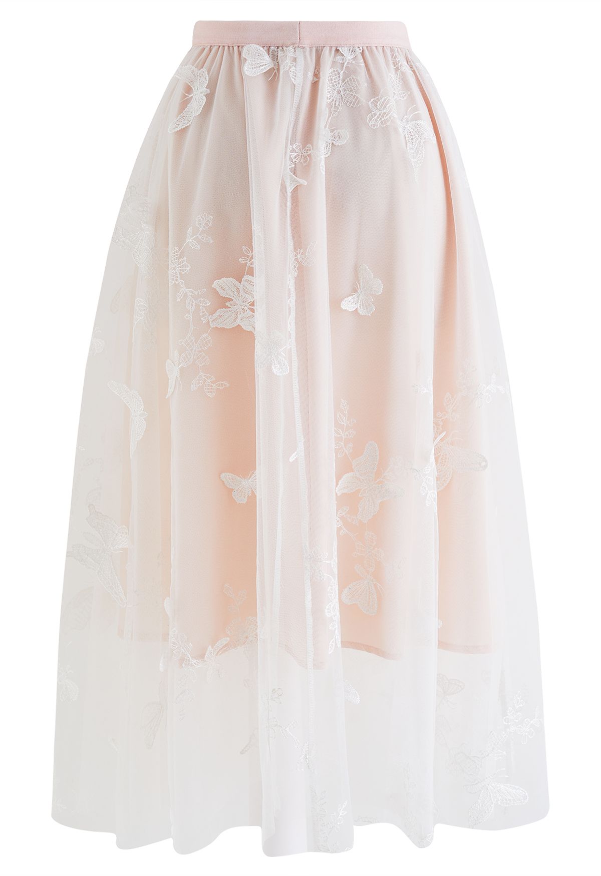 Falda midi de malla de doble capa 3D Butterfly en rosa