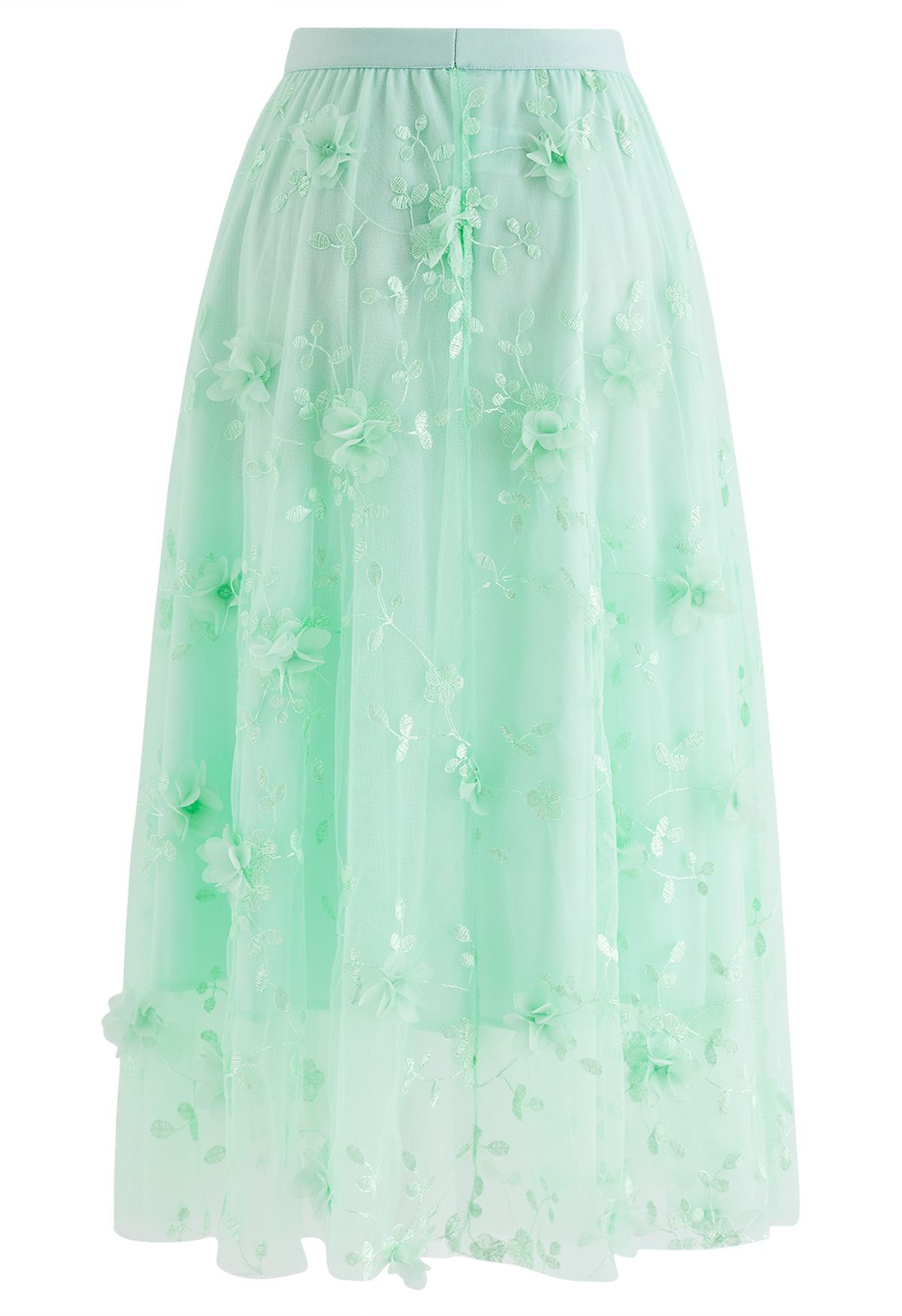 Falda midi de tul con bordado de flores de malla 3D en color menta