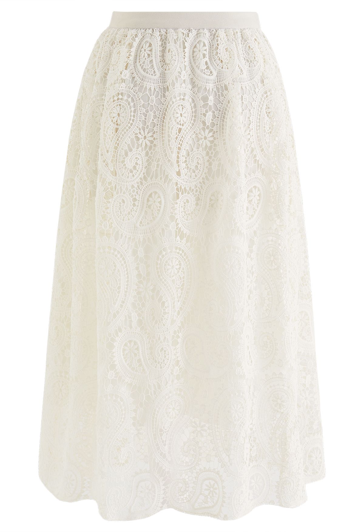 Elegante falda midi de ganchillo de Paisley en color crema