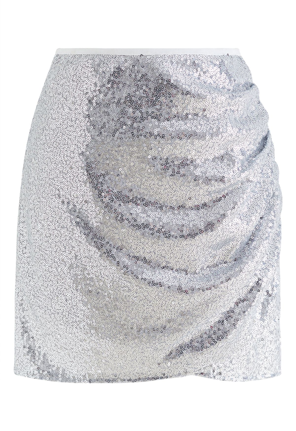 Minifalda con pliegues laterales con lentejuelas brillantes en plateado