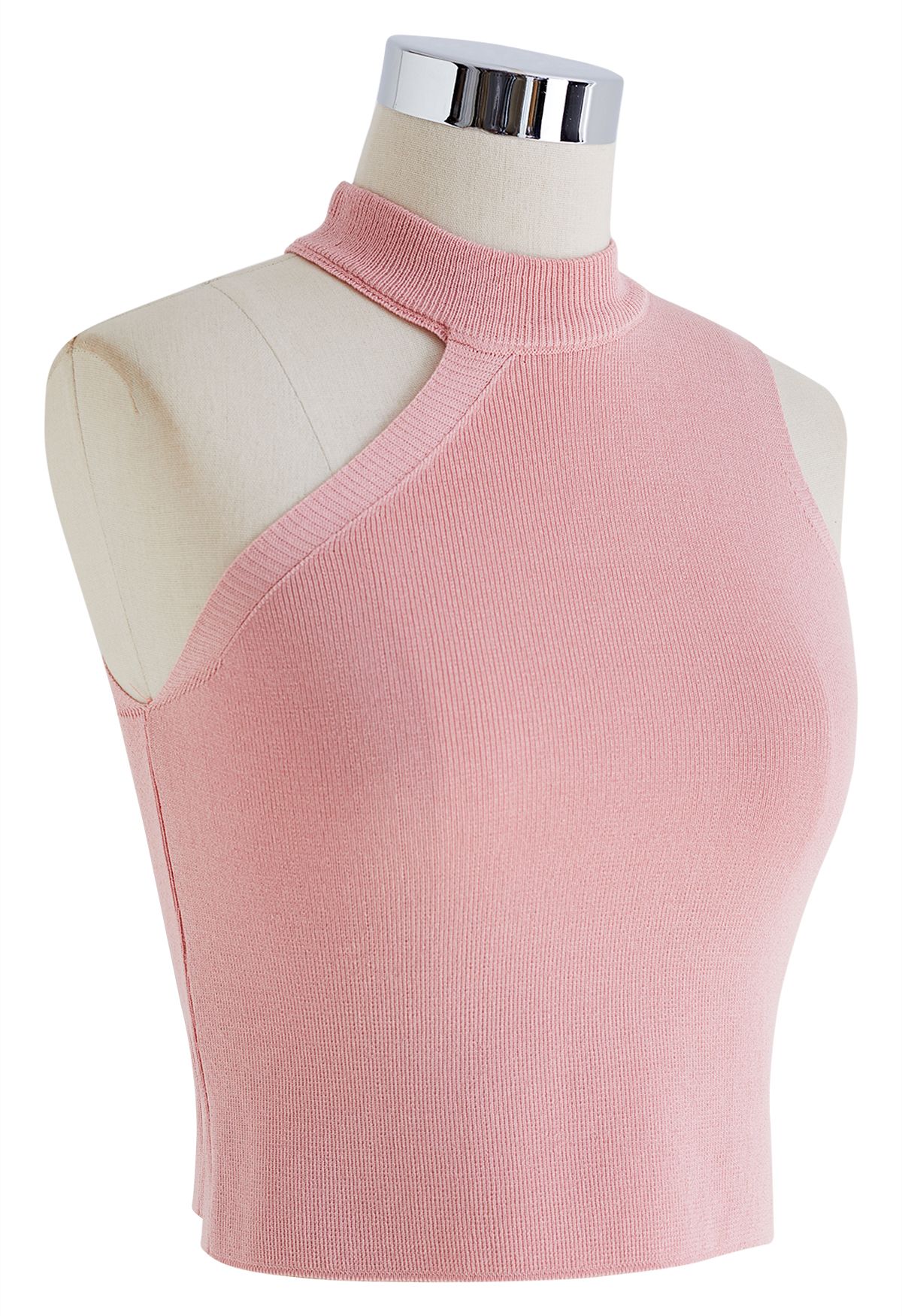 Top corto asimétrico de punto con cuello halter en rosa