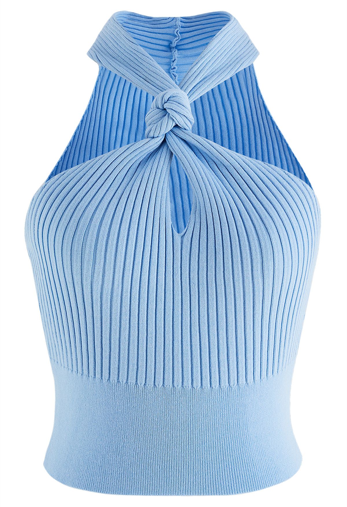 Top corto de punto con cuello halter y nudo en azul