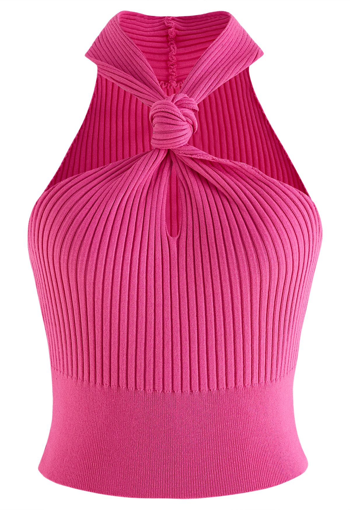 Top corto de punto con cuello halter y nudo en rosa fuerte