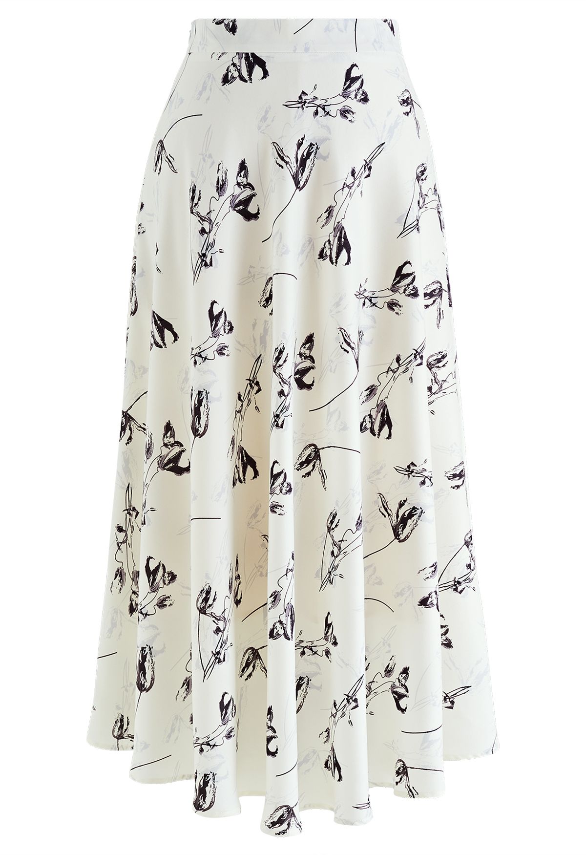 Falda larga de satén con estampado de tulipanes en blanco
