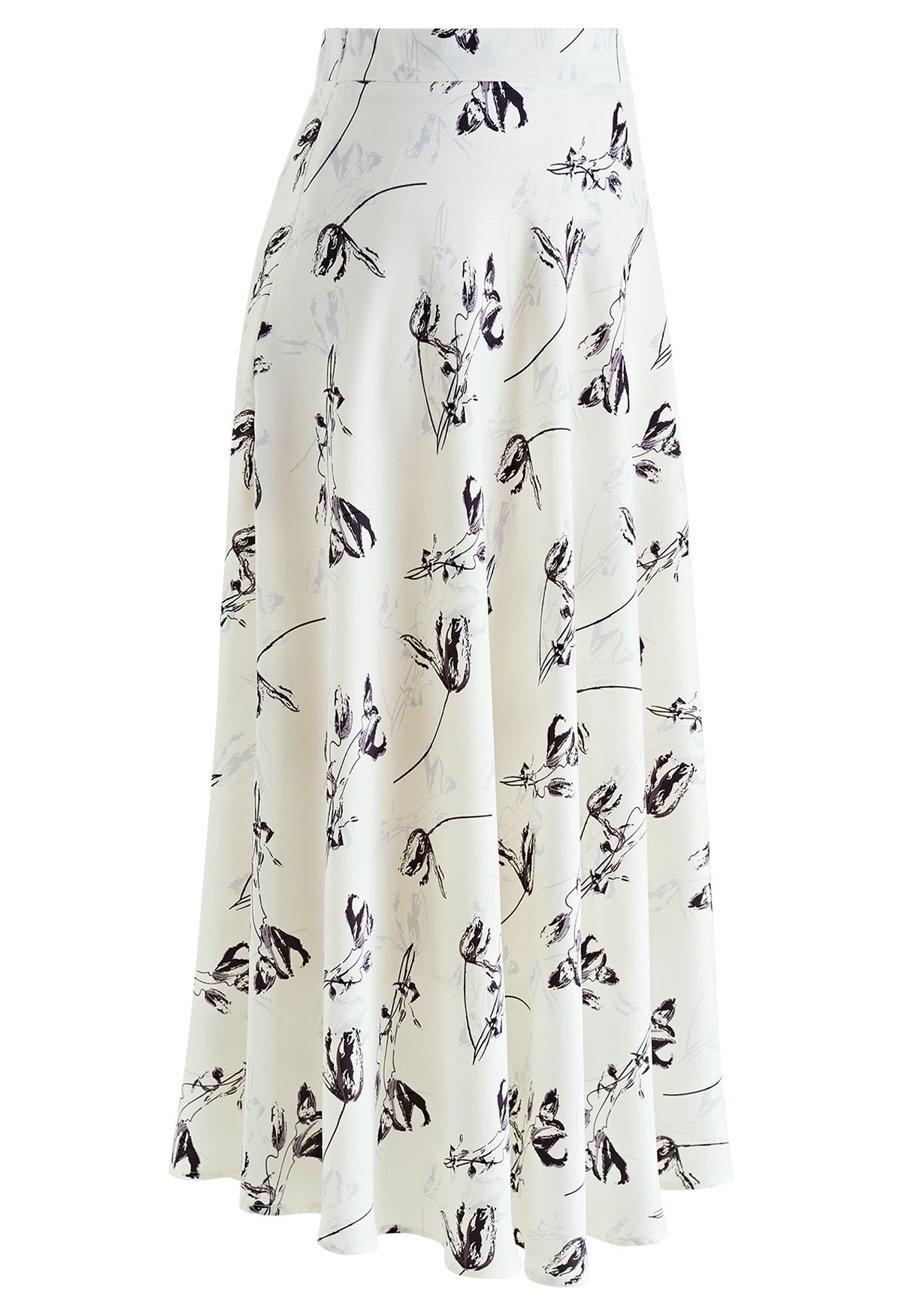 Falda larga de satén con estampado de tulipanes en blanco