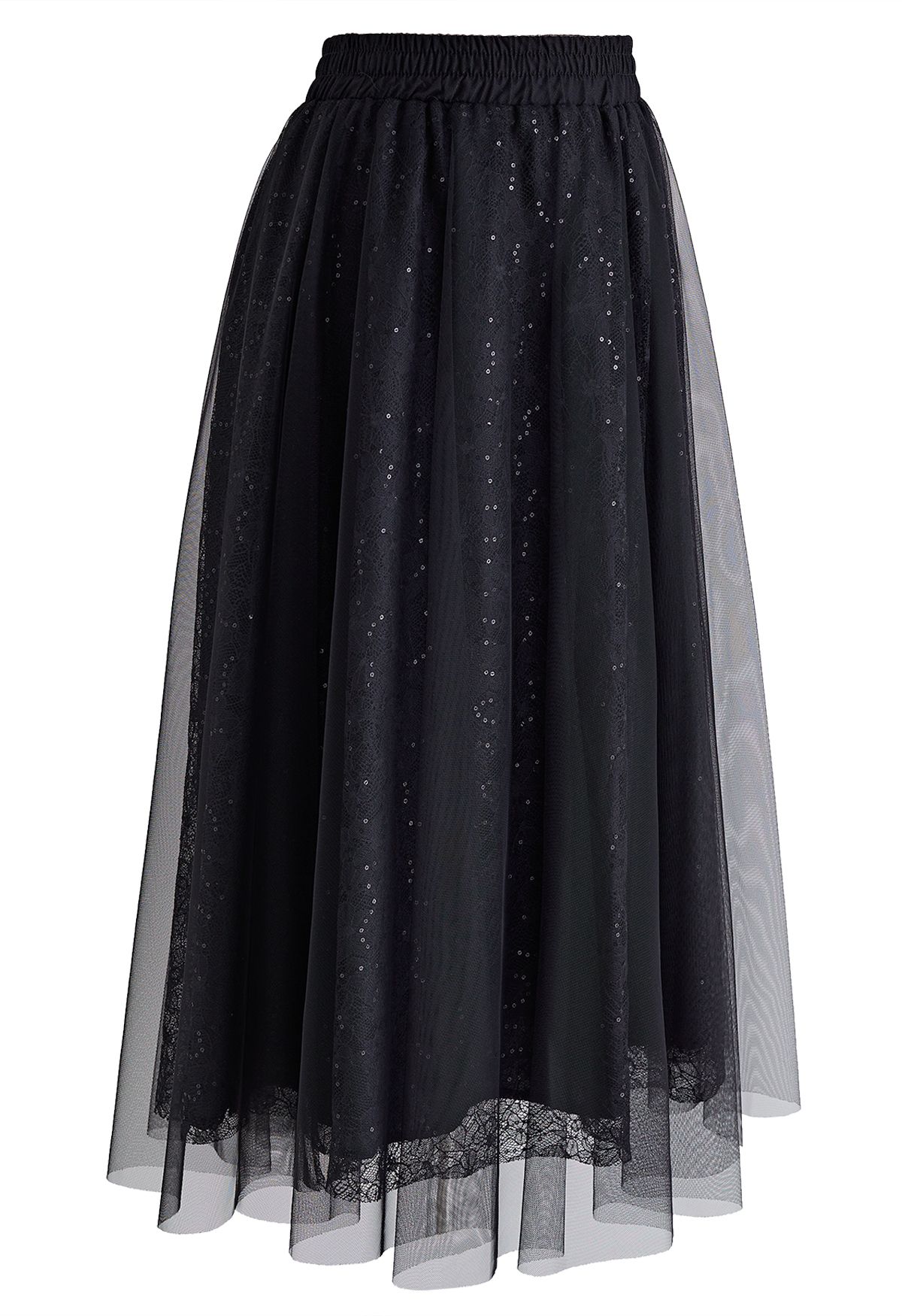 Falda de tul de malla de encaje floral con lentejuelas en negro