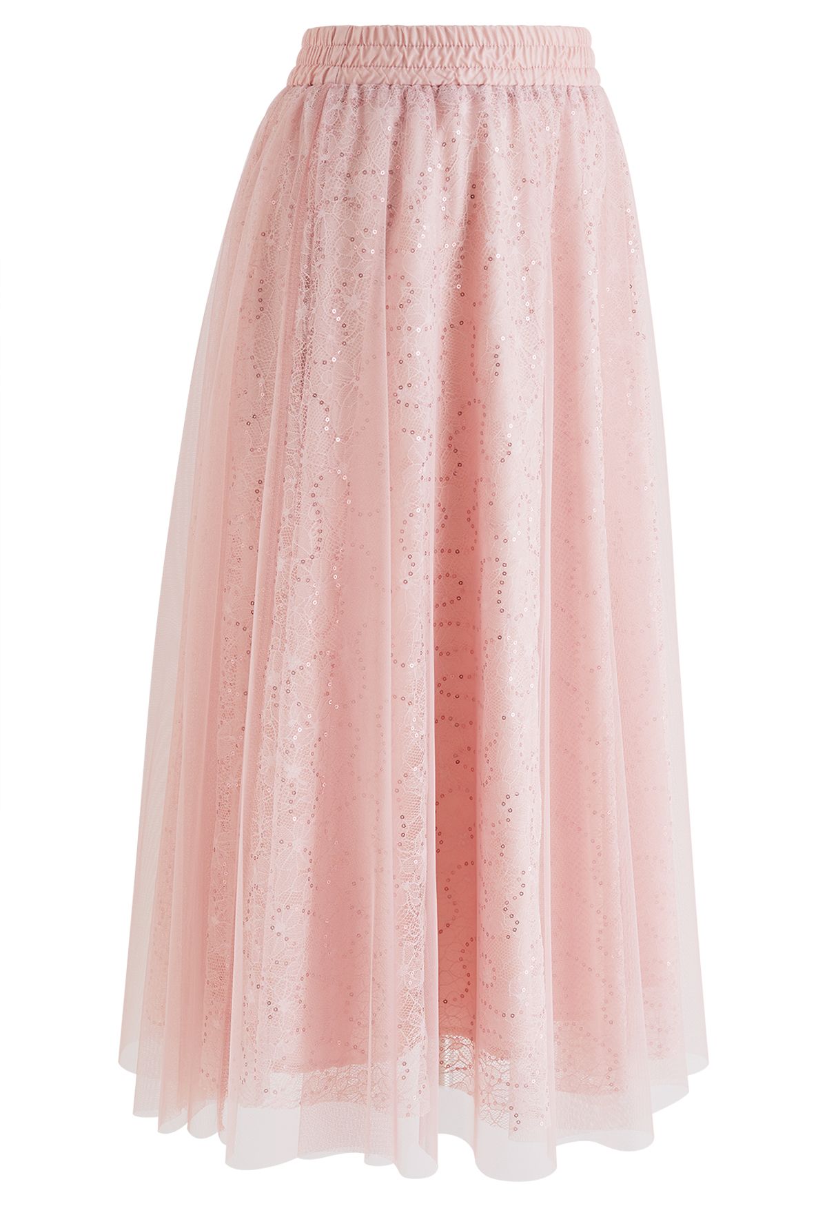 Falda de tul de malla de encaje floral con lentejuelas en rosa