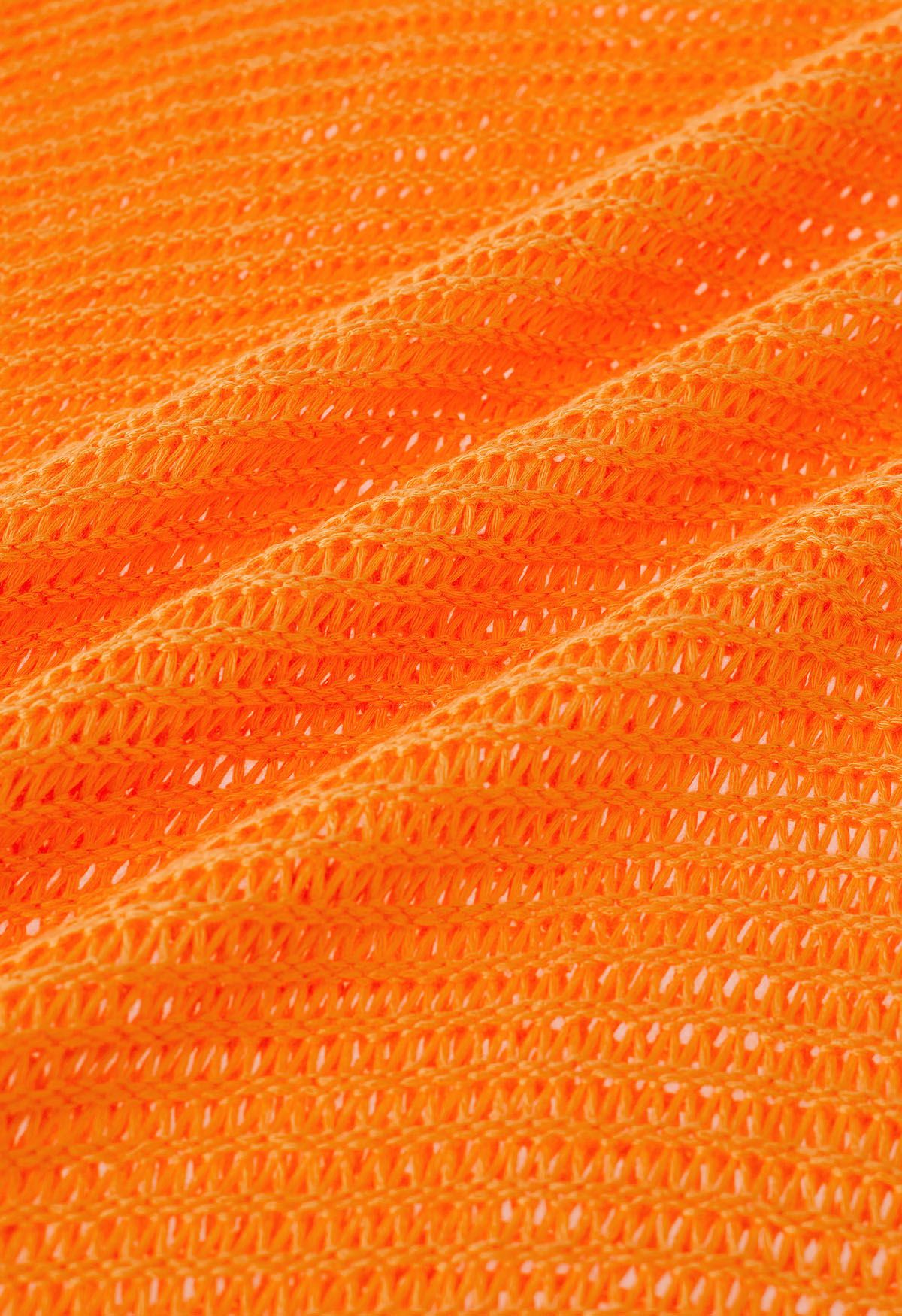 Vestido playero de punto Pointelle con dobladillo con flecos en naranja