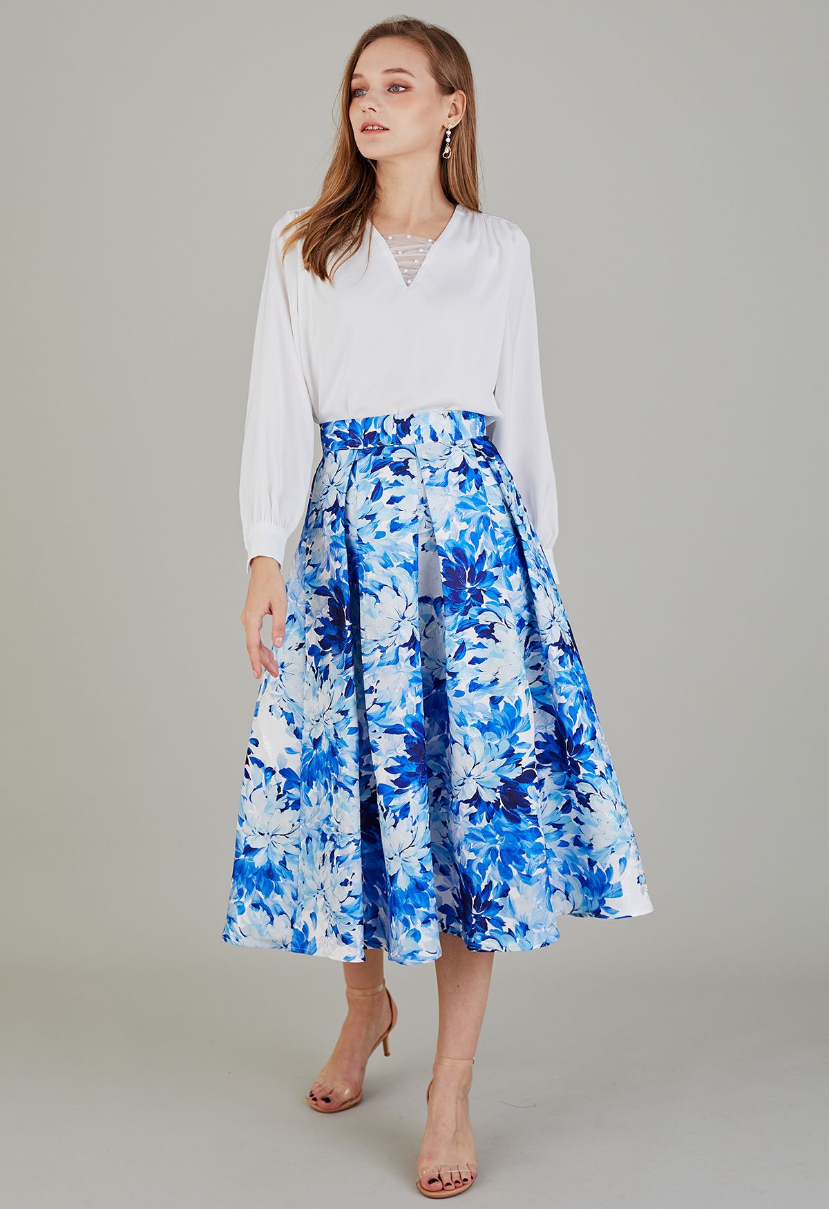 Falda midi plisada de jacquard con estampado floral azul real