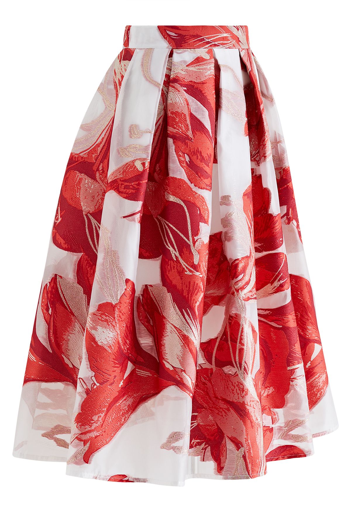 Falda midi plisada de organza de jacquard floral artístico en rojo
