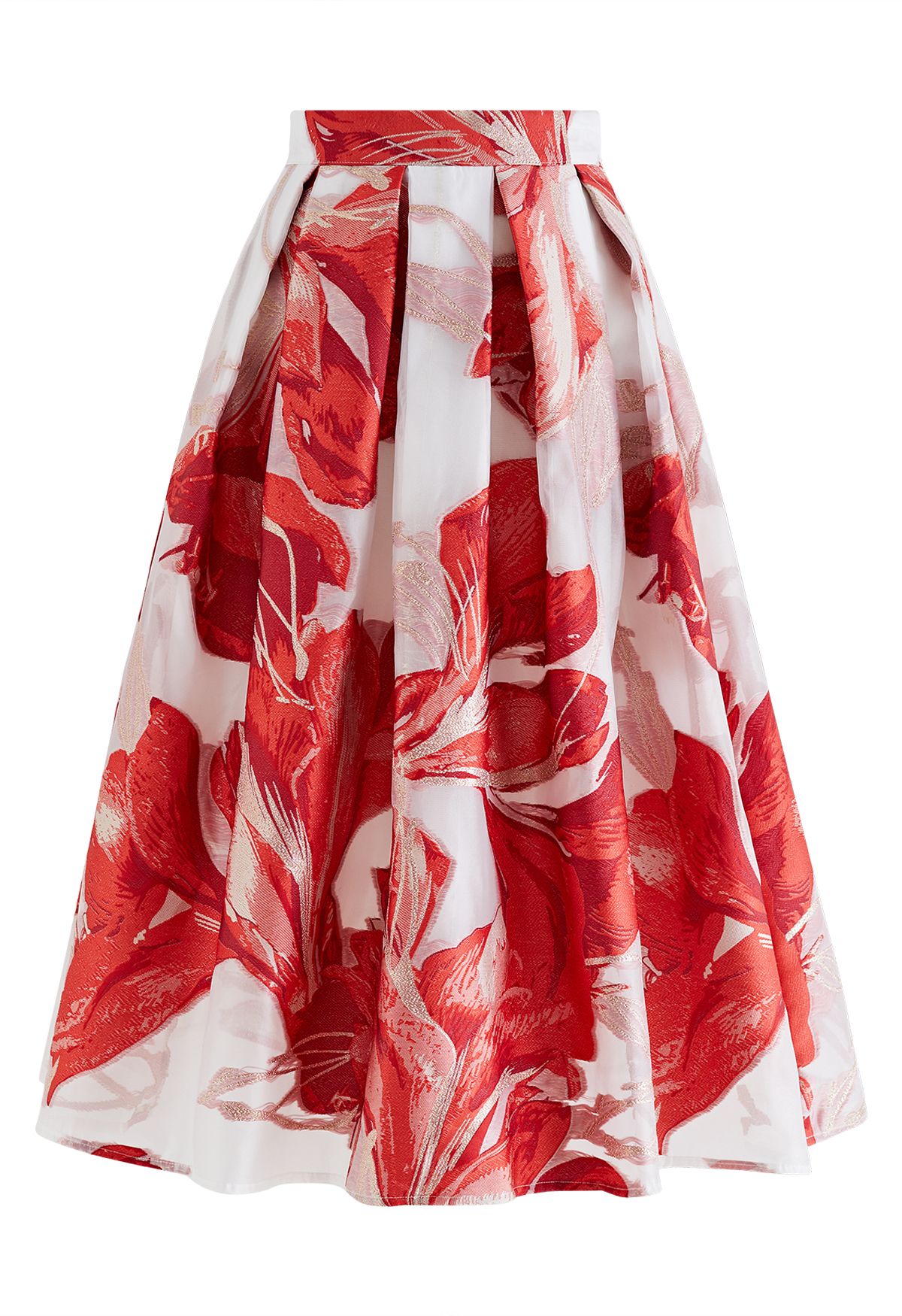 Falda midi plisada de organza de jacquard floral artístico en rojo