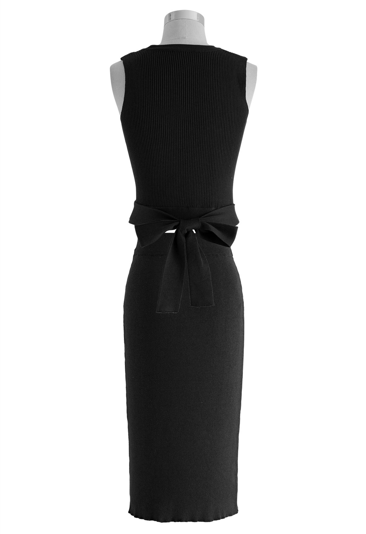 Conjunto de top de punto con cintura anudada y falda lápiz en negro