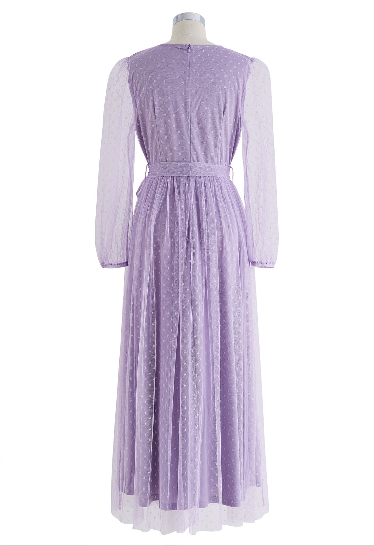 Precioso vestido largo de malla con puntos en lila