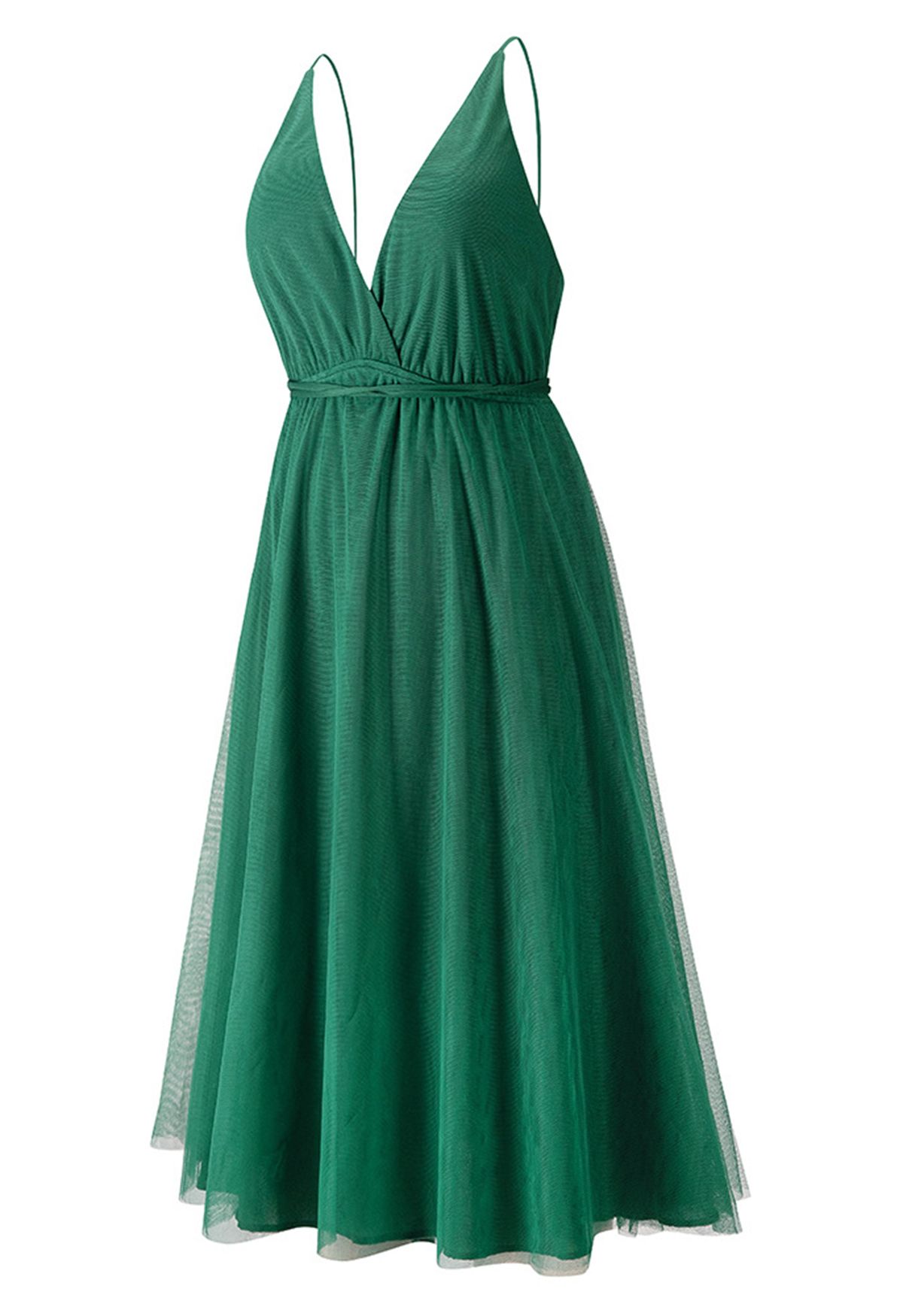 Vestido cruzado de tul de malla con espalda abierta entrecruzada en verde