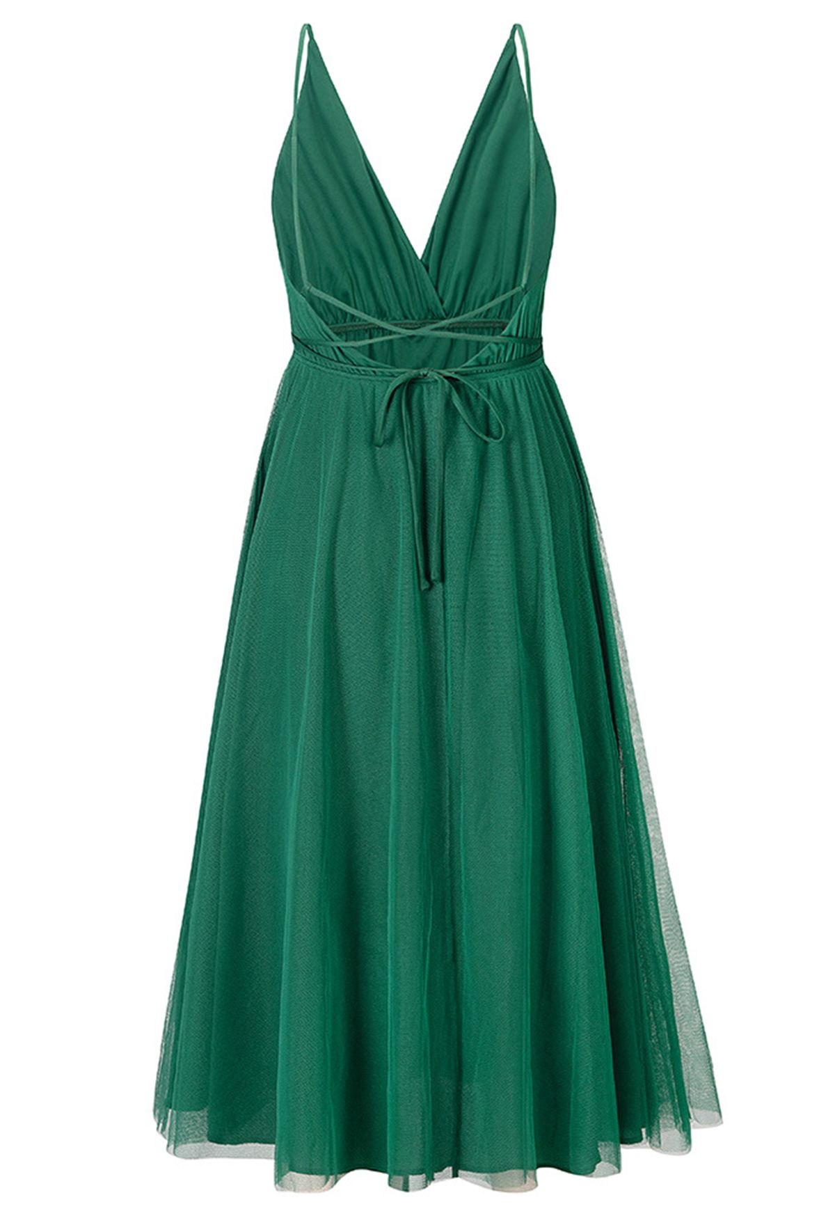 Vestido cruzado de tul de malla con espalda abierta entrecruzada en verde